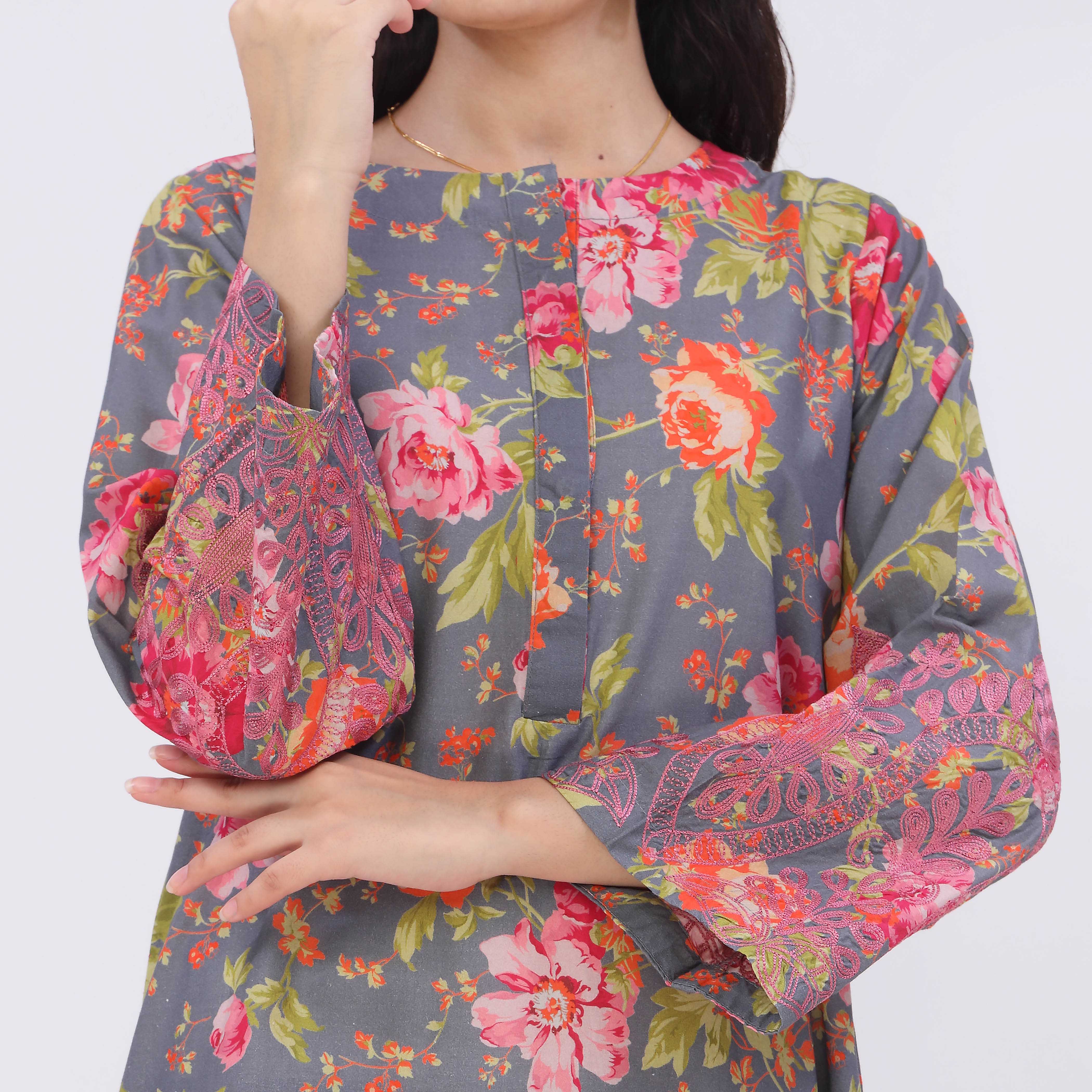 2PC- Digital Printed Cotton Cambric Co-Ord Set PW5069 - Image 3