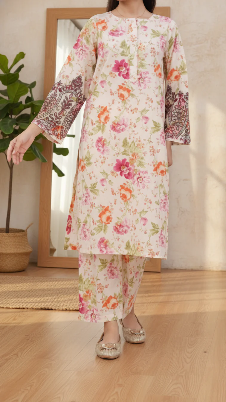 2PC- Digital Printed Cotton Cambric Co-Ord Set PW5070