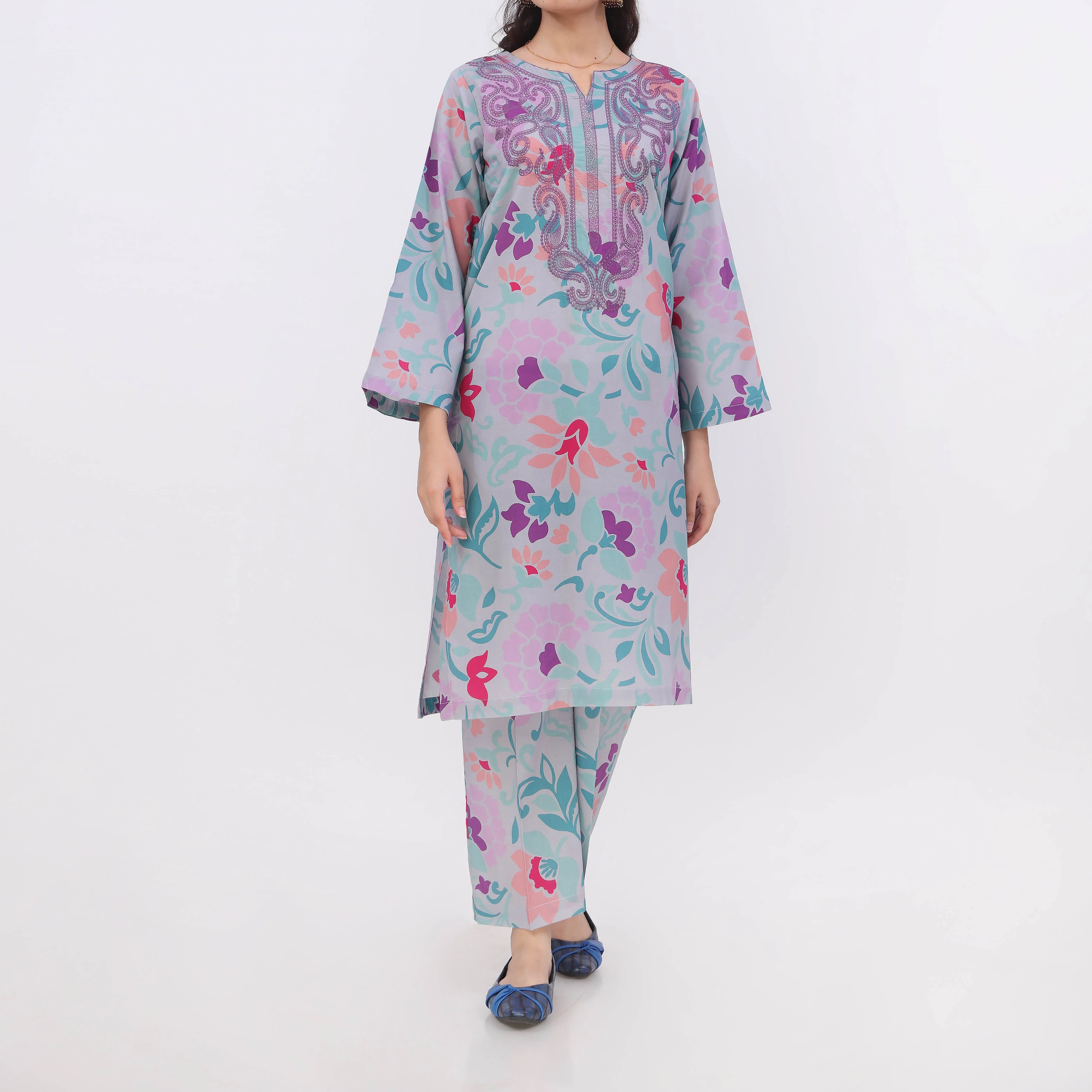2PC- Digital Printed Cotton Cambric Co-Ord Set PW5073 - Image 2