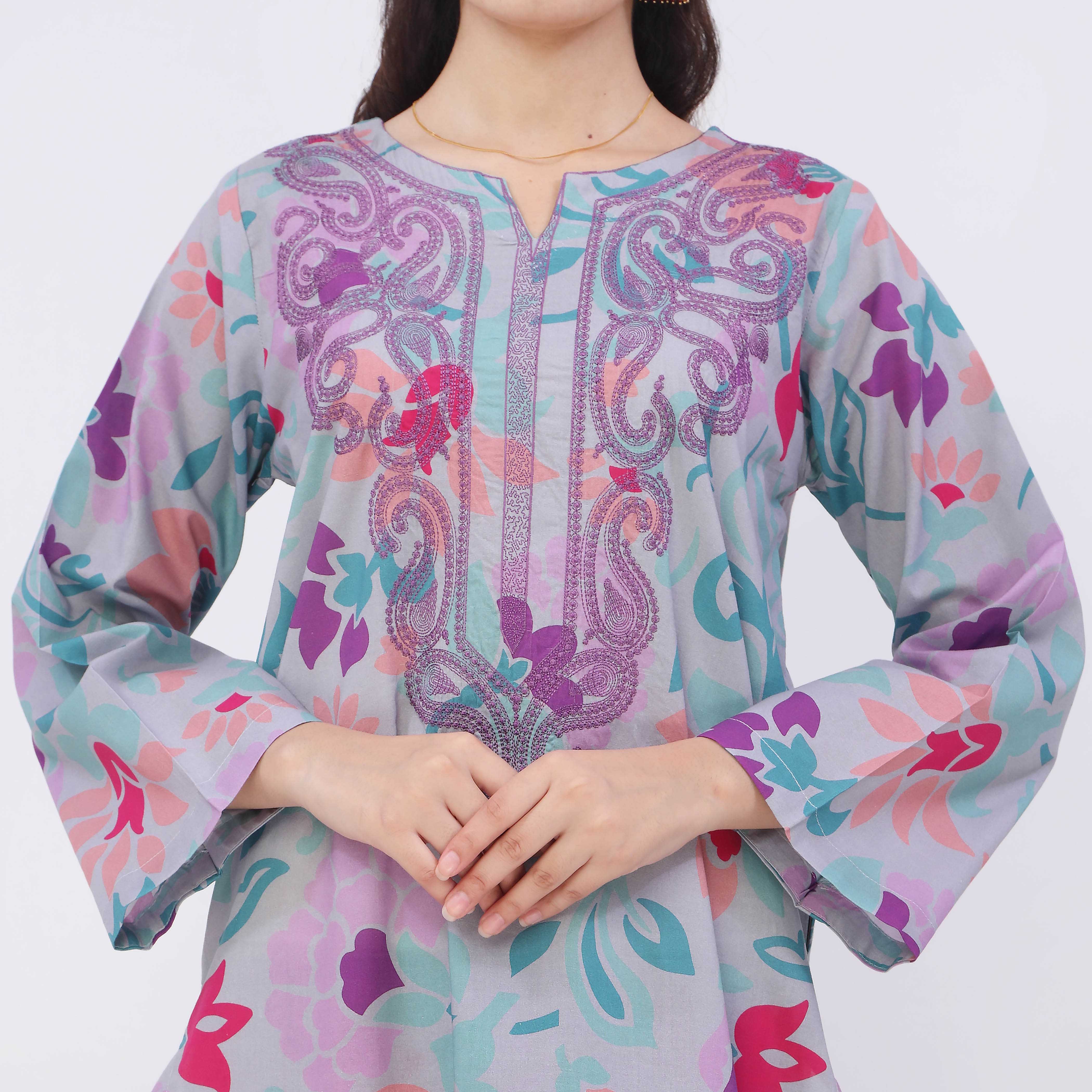 2PC- Digital Printed Cotton Cambric Co-Ord Set PW5073 - Image 3