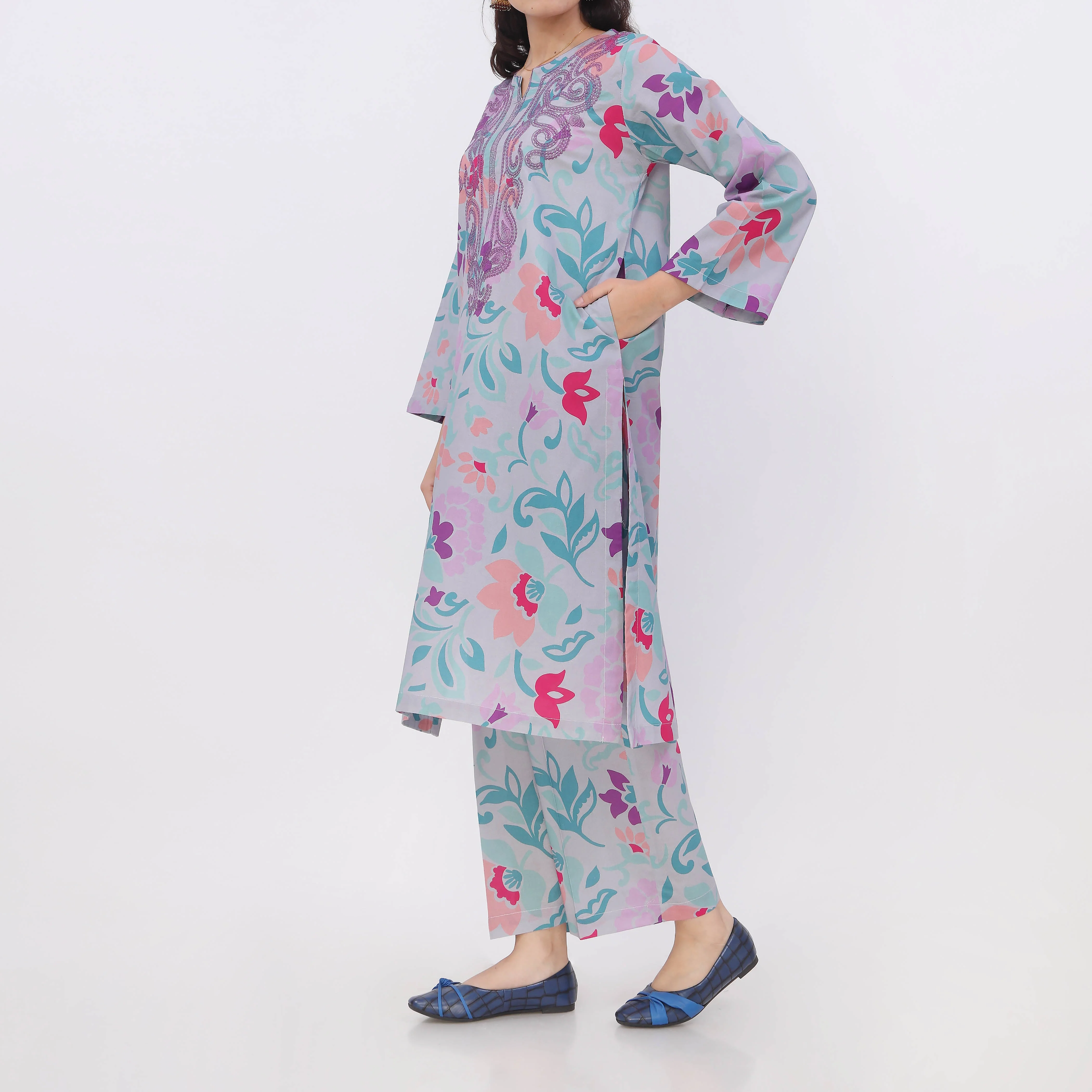 2PC- Digital Printed Cotton Cambric Co-Ord Set PW5073 - Image 4