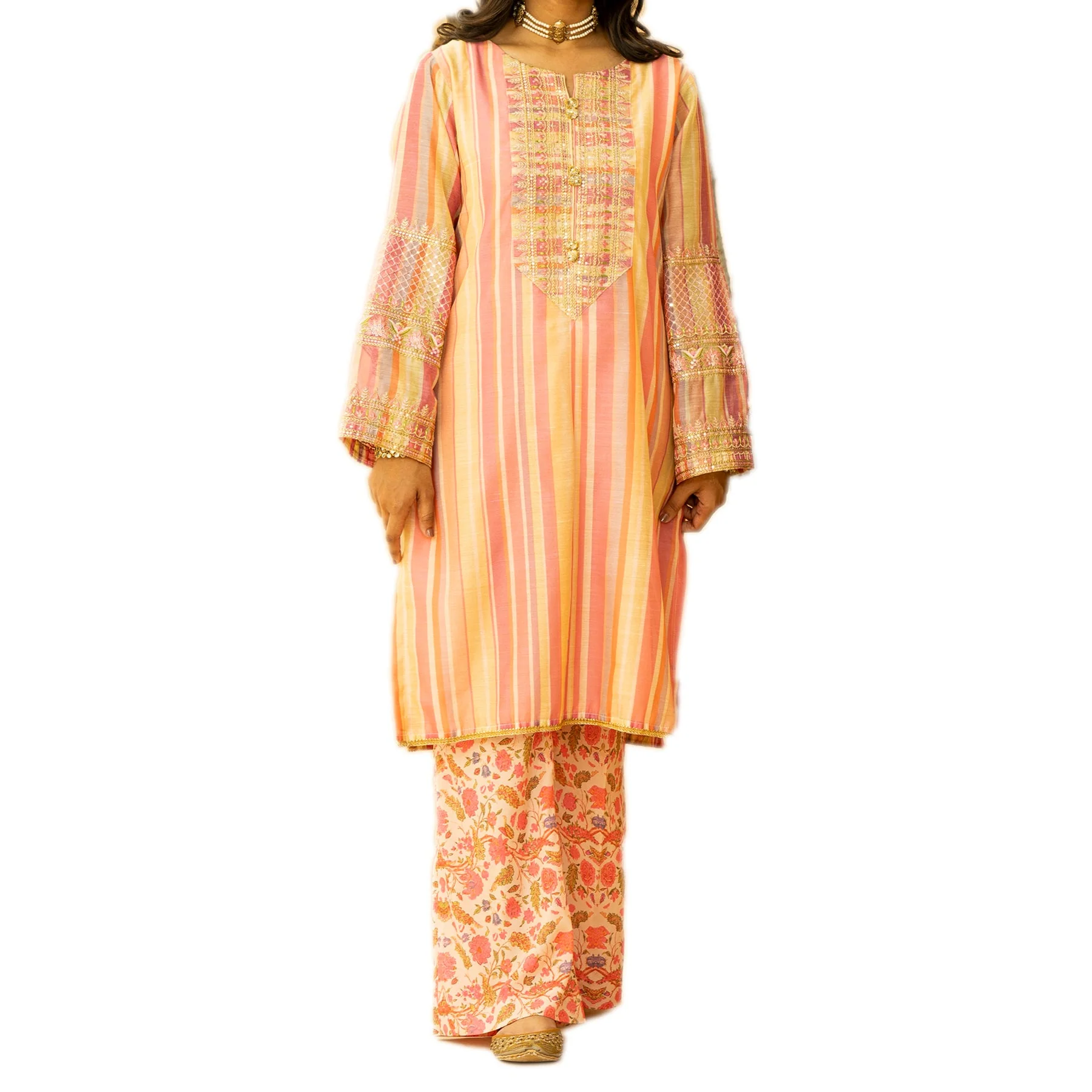 2PC- Embroidered Paper Cotton Shirt With Printed Trouser PS3108 - Image 2