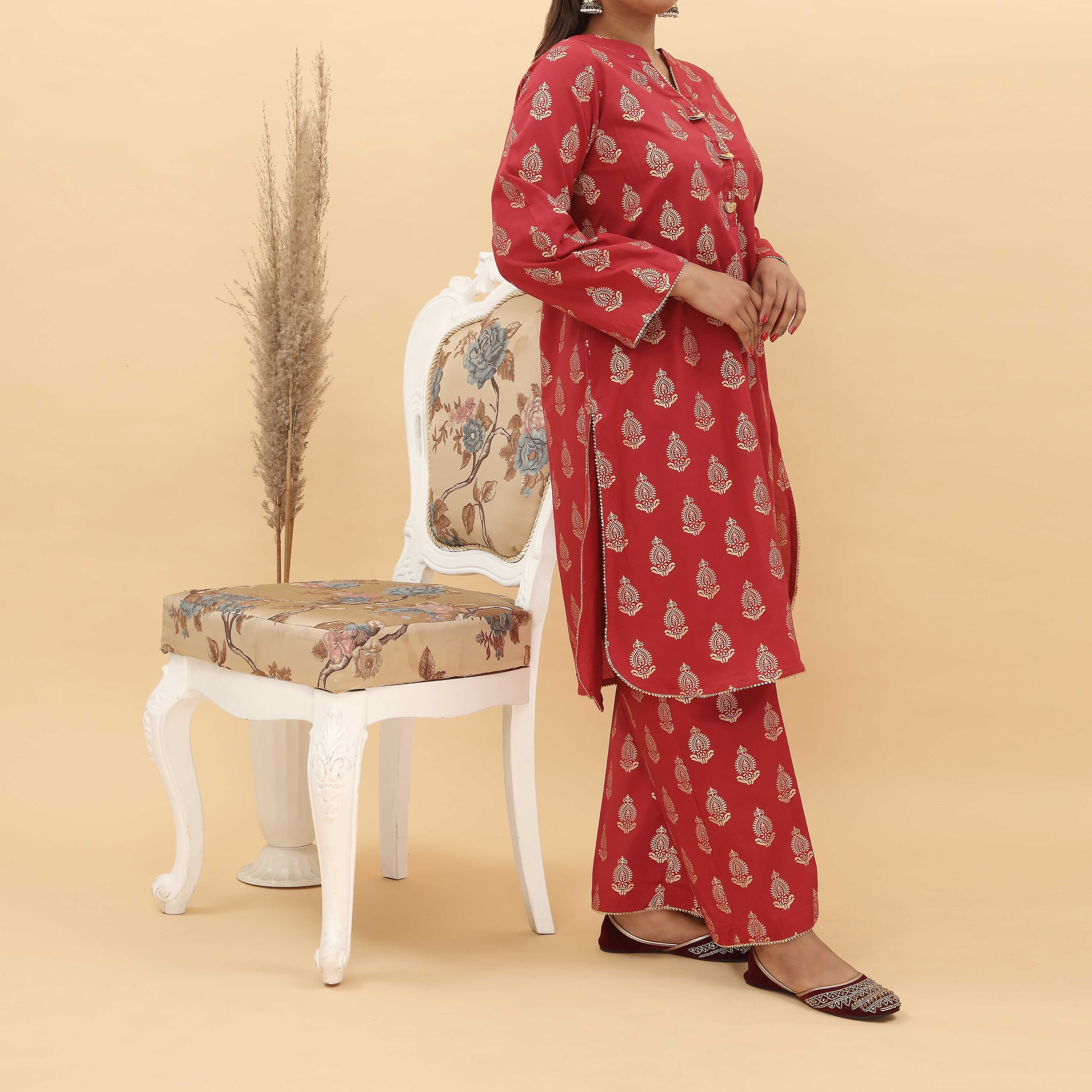 2PC- Gold Printed Cotton Cambric Suit PS5113 - Image 2