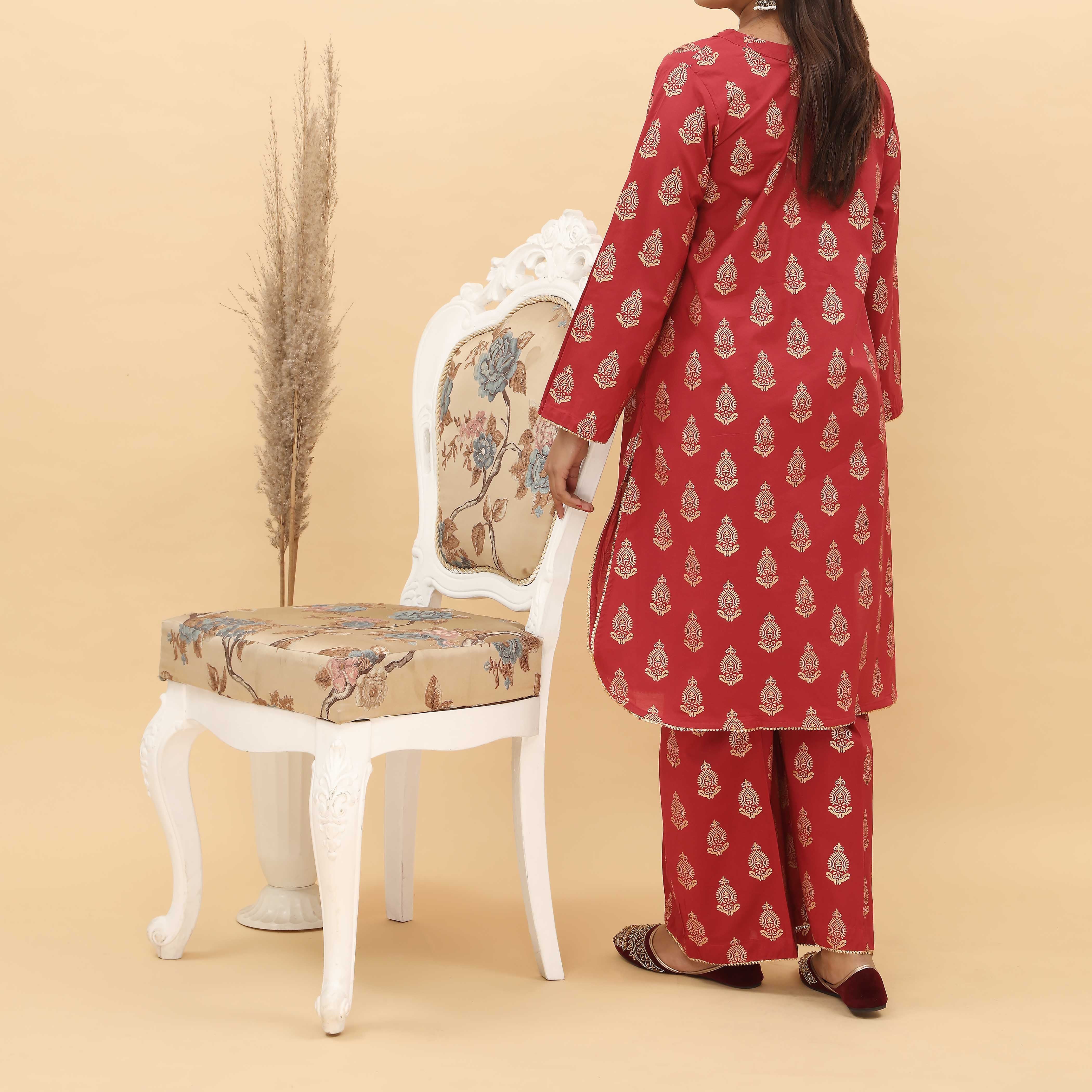 2PC- Gold Printed Cotton Cambric Suit PS5113 - Image 3