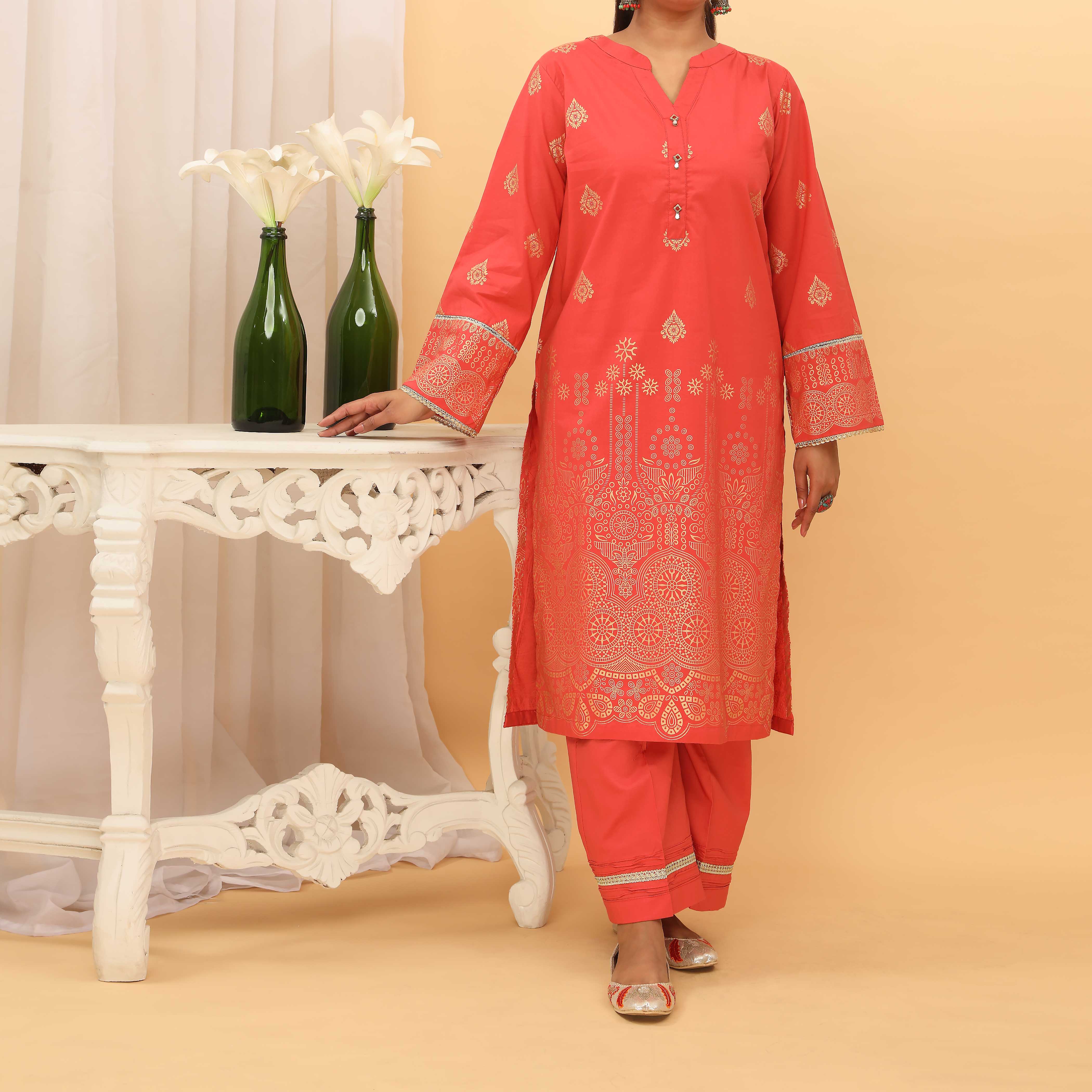 2PC- Golden Glitter Printed Cambric Suit PS5095 - Image 2