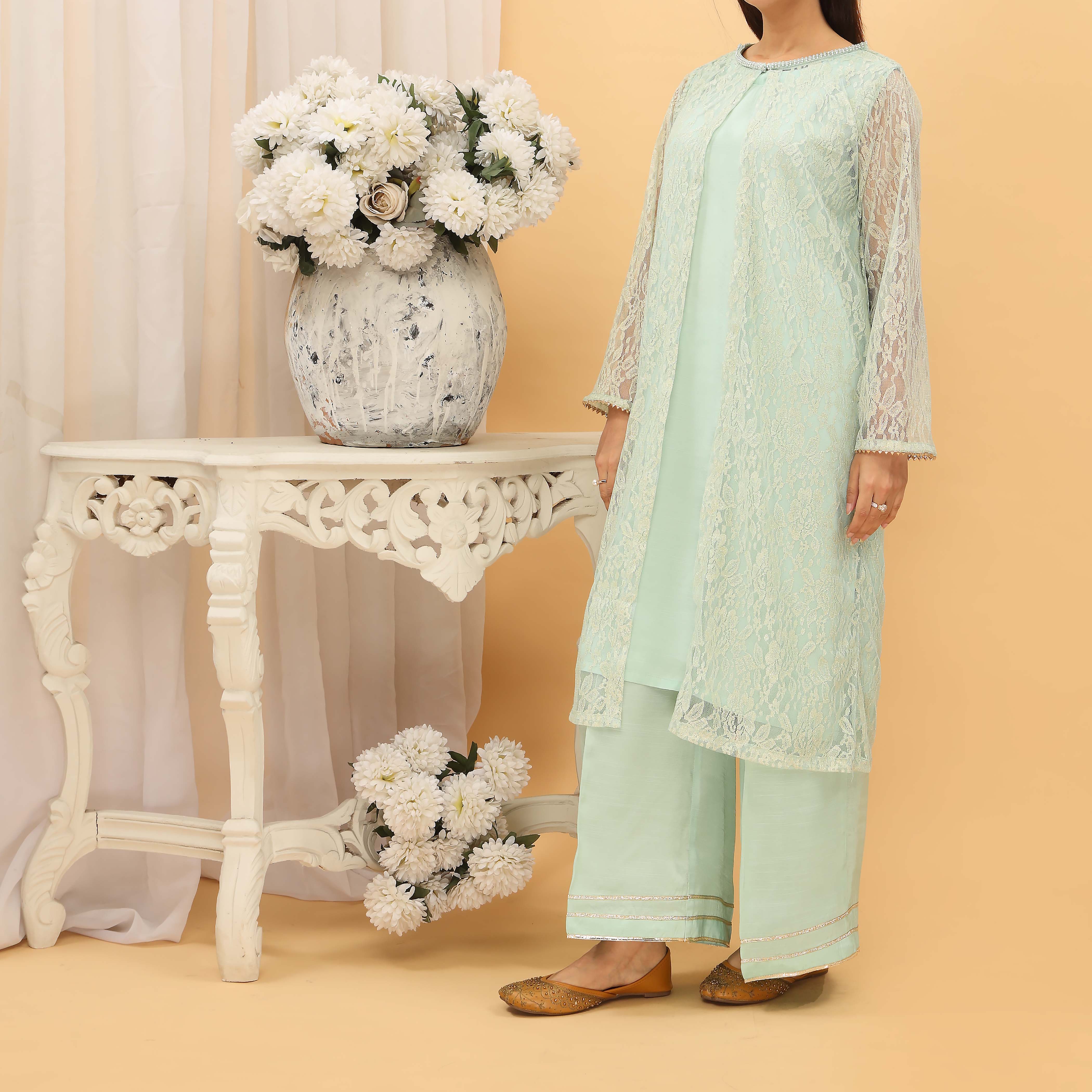 2PC- Lace Net Gown With Neck Embroidery And Raw Silk Suit PS4965 - Image 2