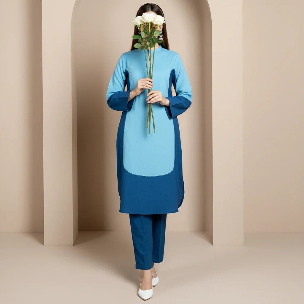 2PC Solid Dyed Slub Khaddar Blocking Effect Suit PW5180 - Image 2