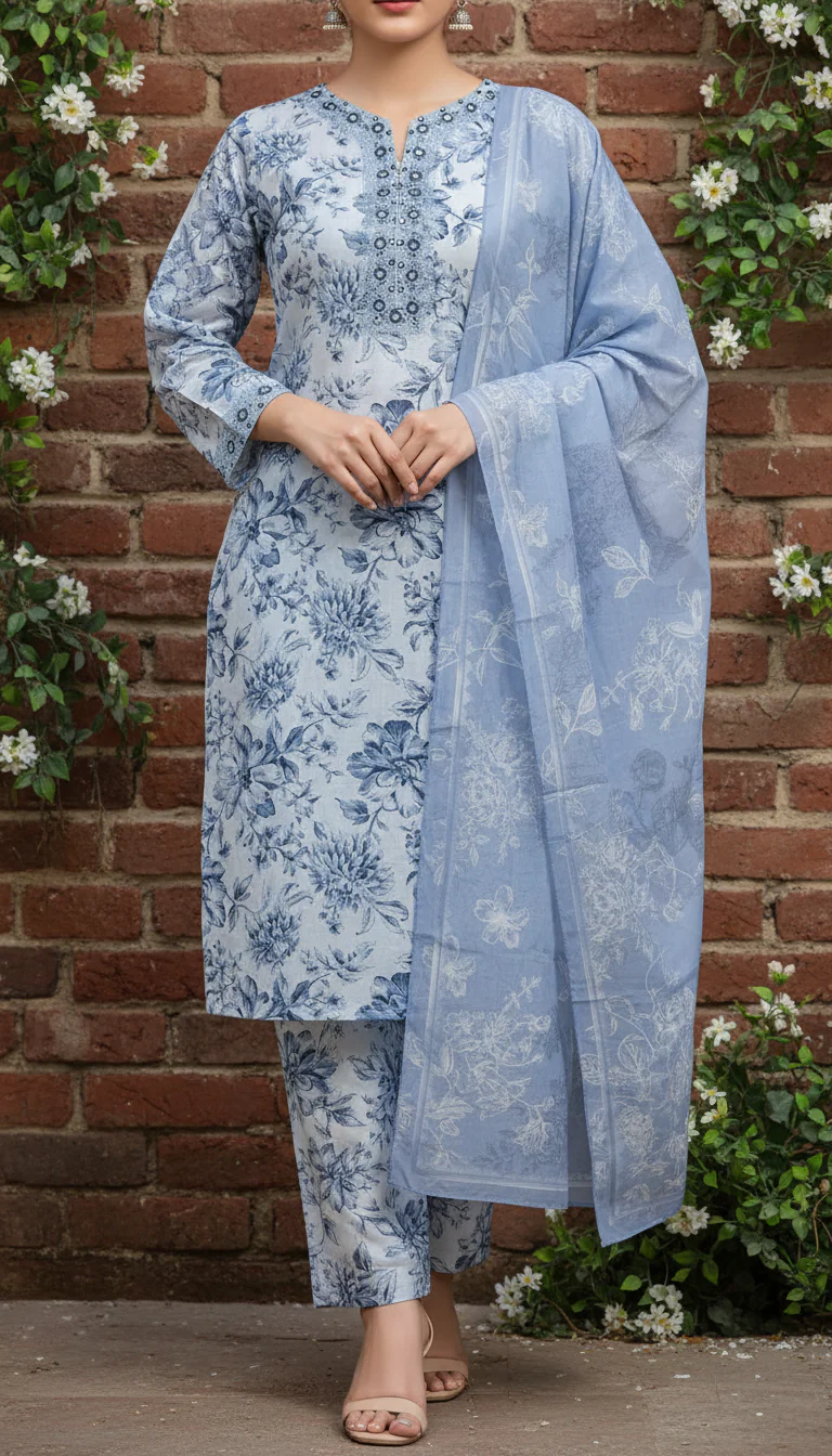 3 PC Digital Printed Cotton Cambric Suit PS6076 - Image 2
