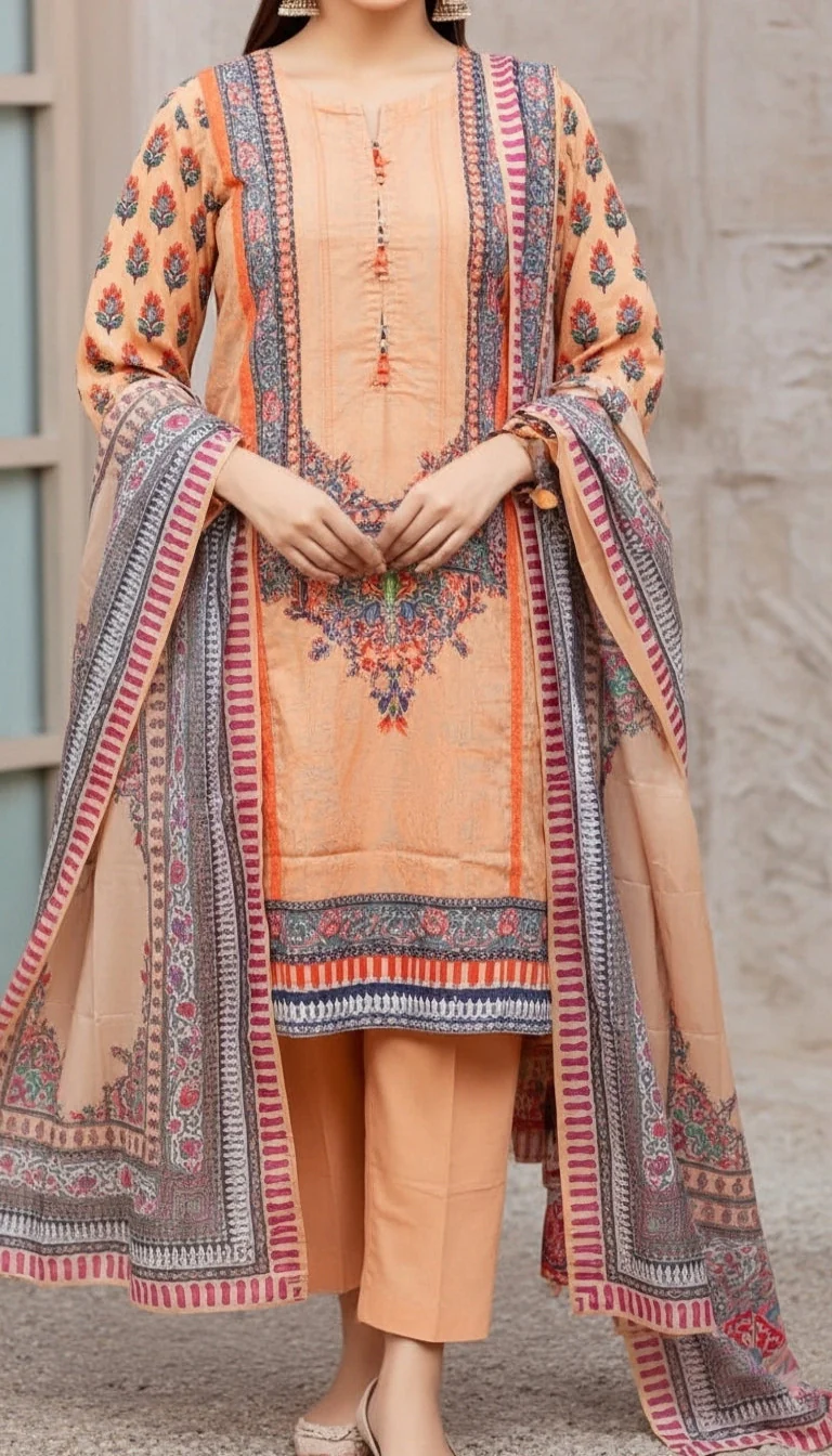 3 PC Digital Printed Cotton Cambric Suit PW5166 - Image 2