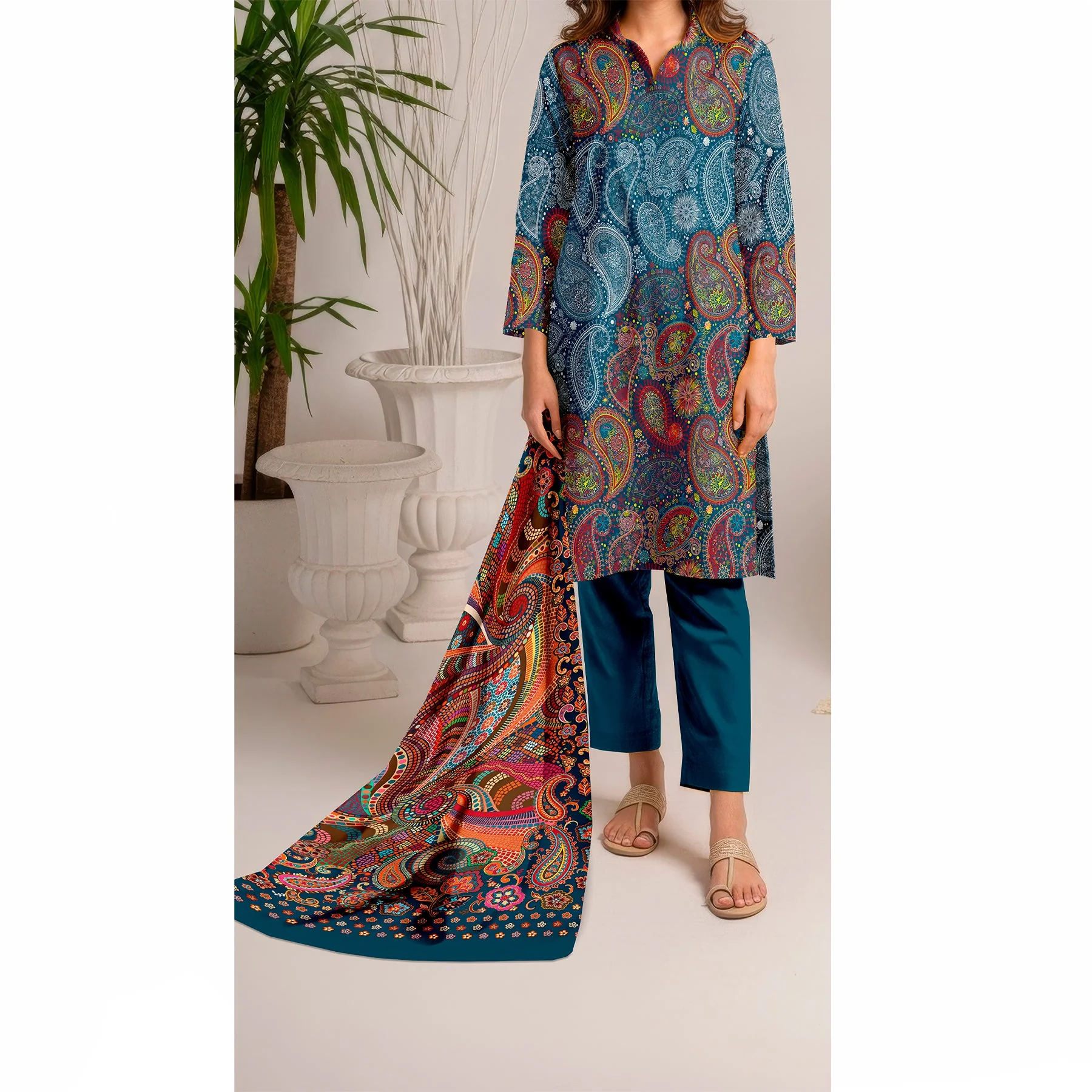 3 PC Printed Slub Khaddar Suit UW5053 - Image 2