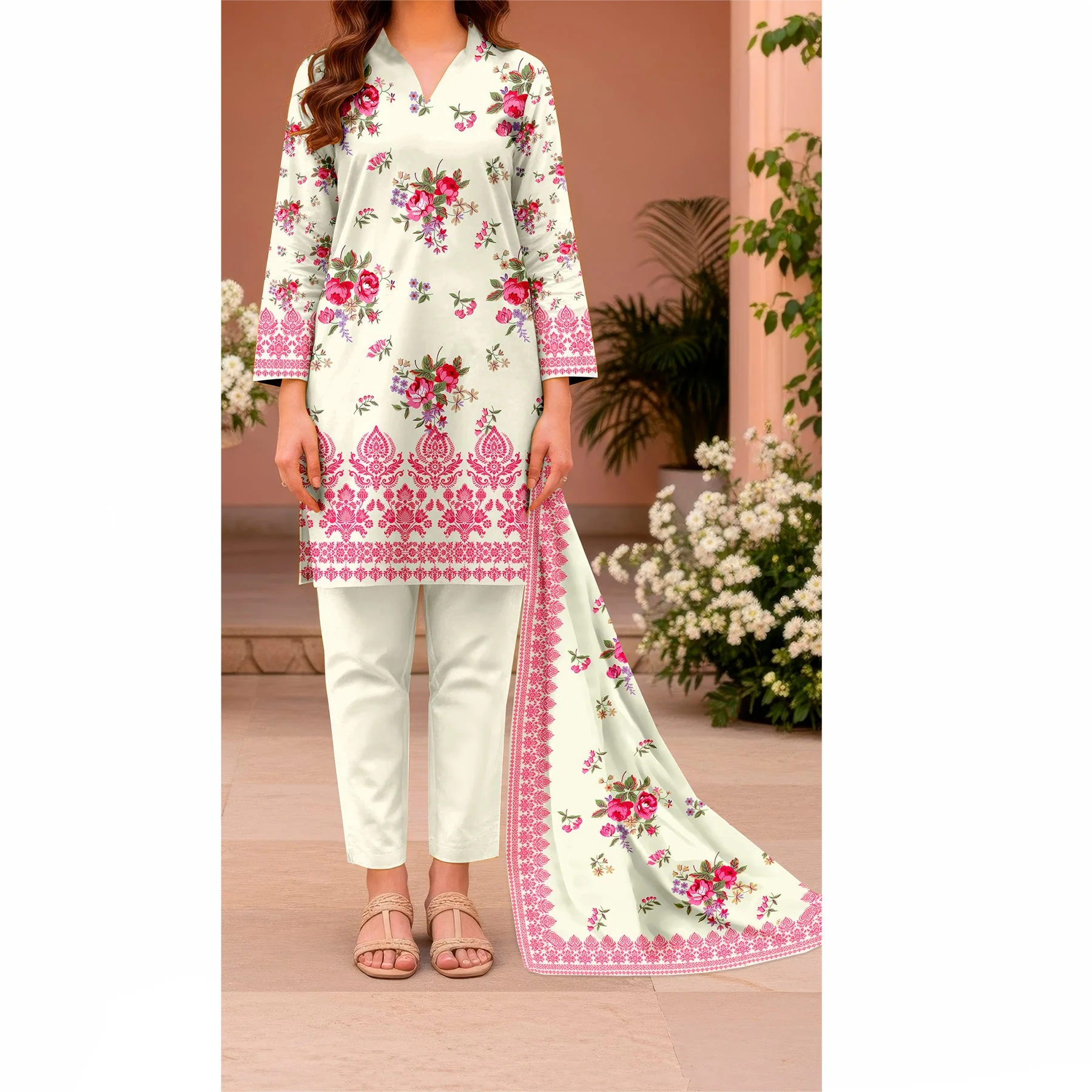 3 PC Printed Slub Khaddar Suit UW5054 - Image 2