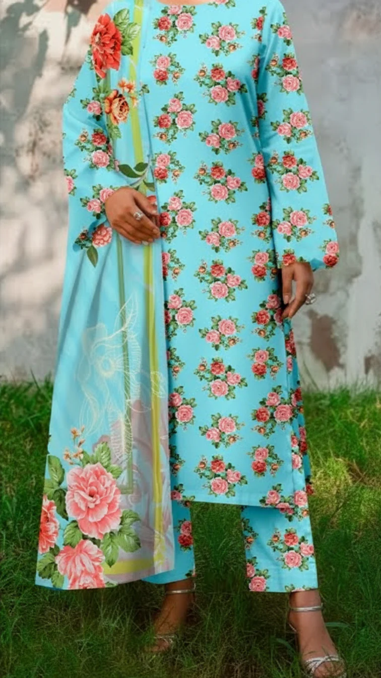 3 PC Printed Slub Khaddar Suit UW5060 - Image 2