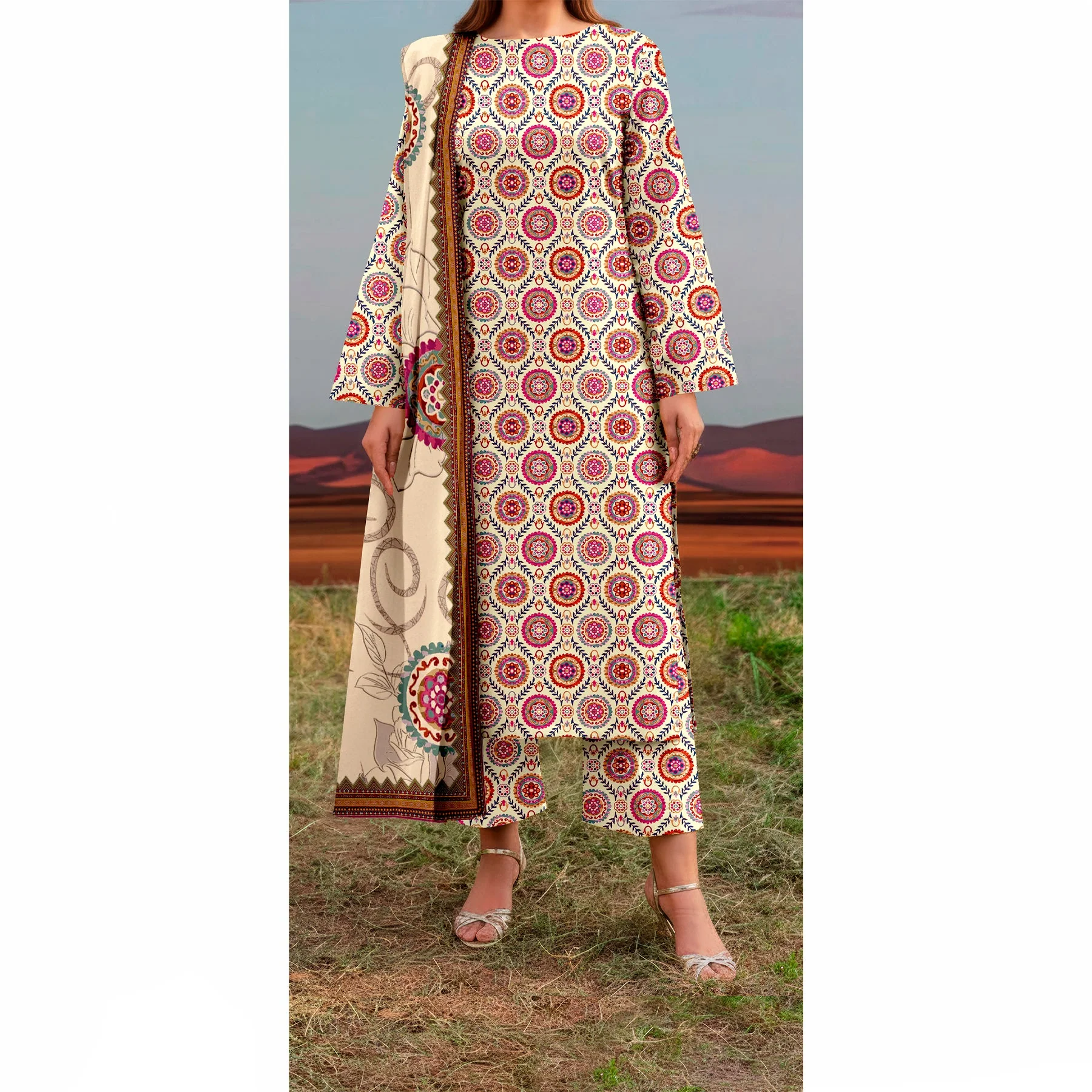 3 PC Printed Slub Khaddar Suit UW5062 - Image 3