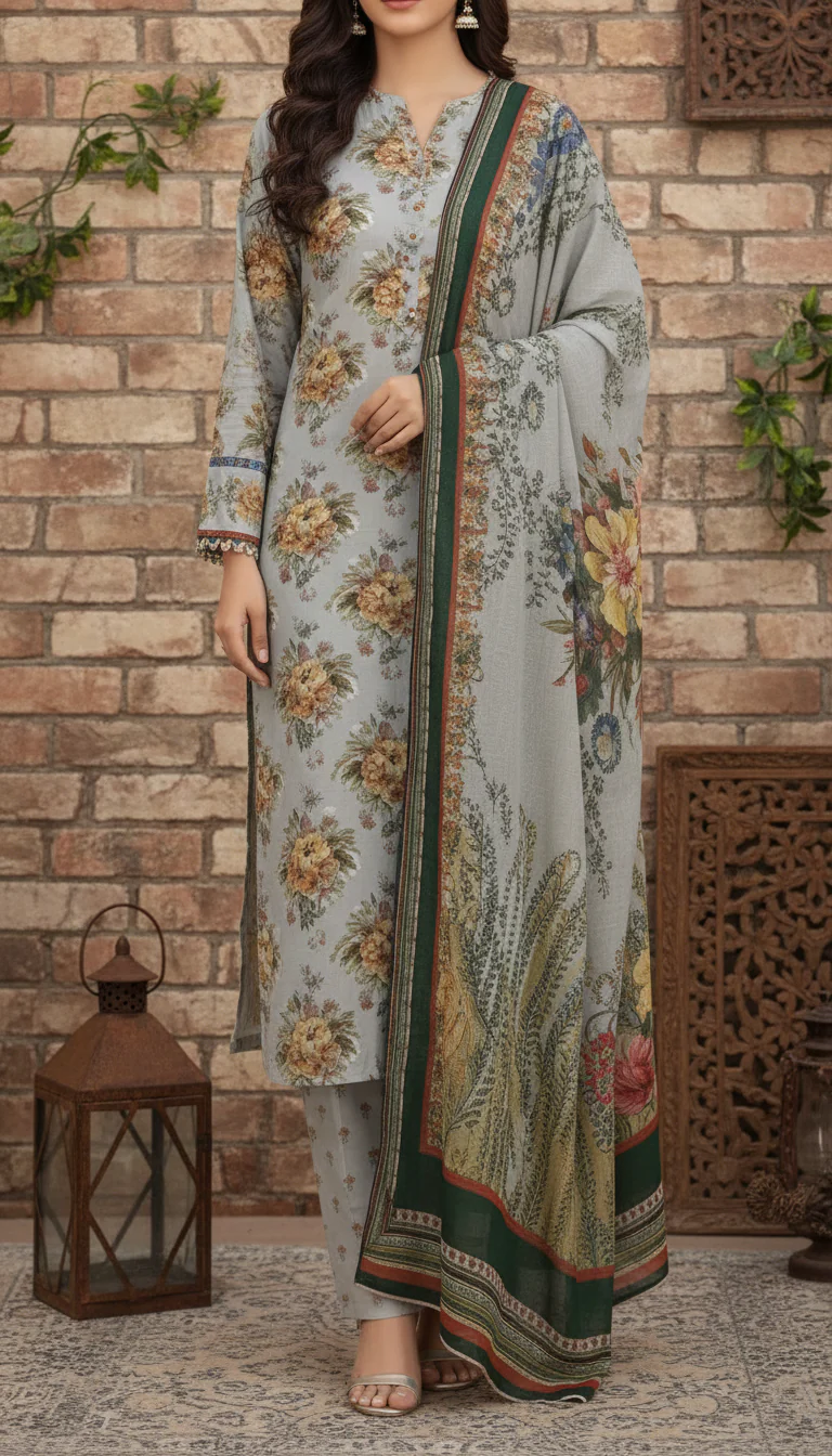 3 PC Unstitched Digital Printed Lawn Suit US6012
