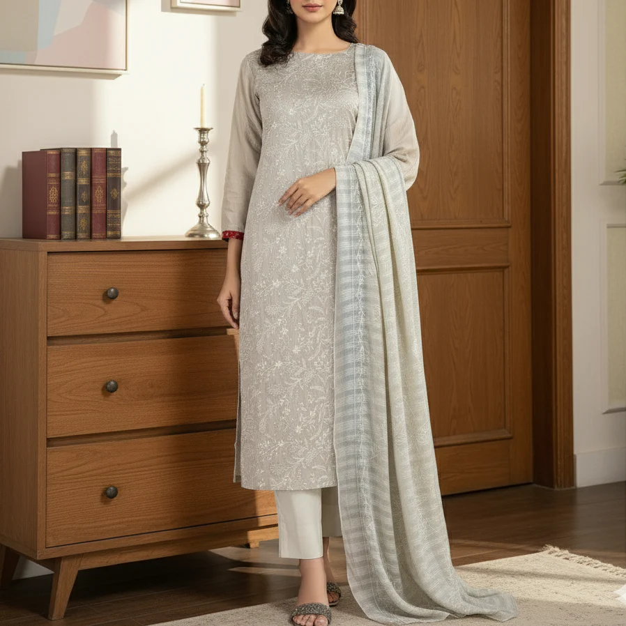 3PC Unstitched Embroidered Suit US5508 - Image 2