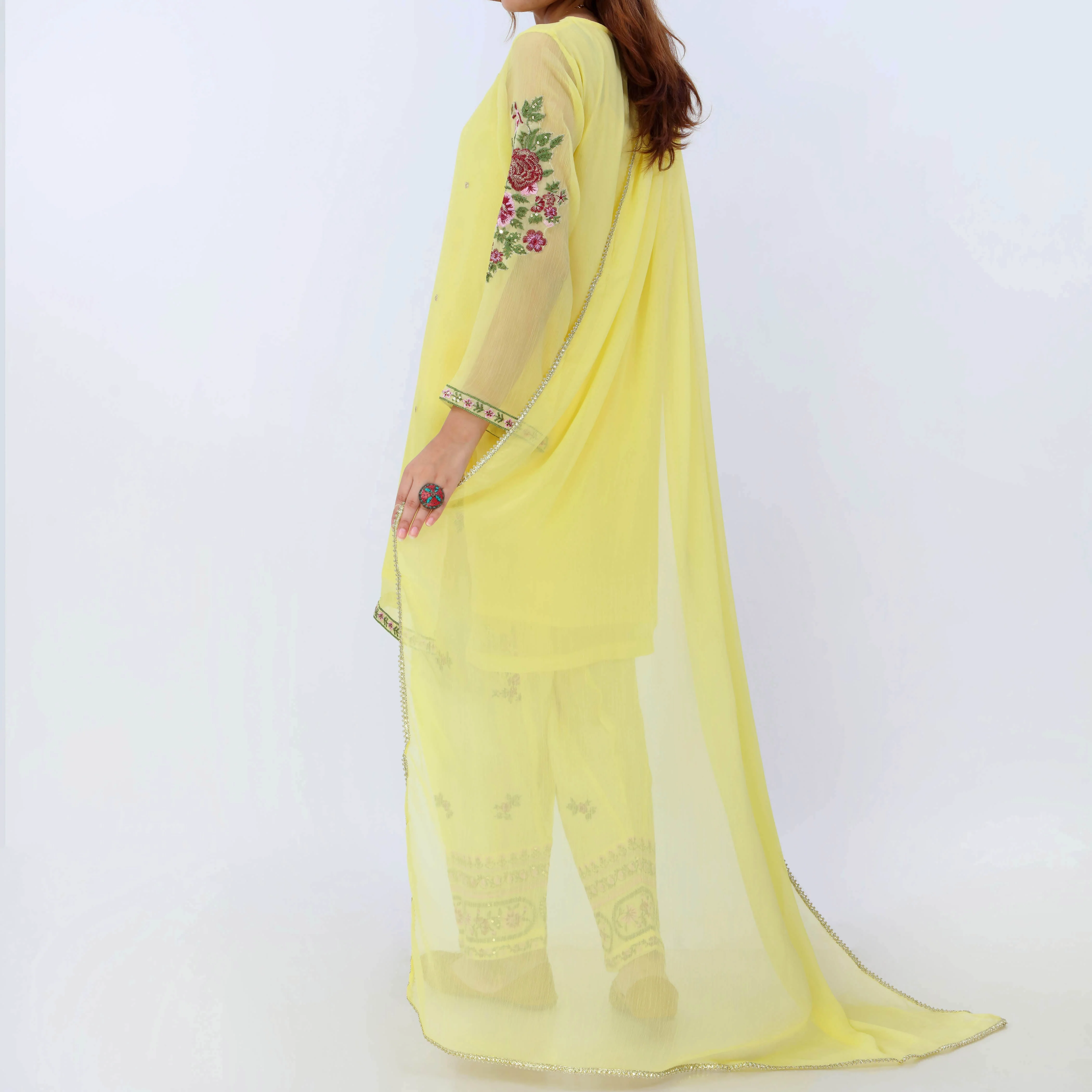 AMARILLA<br>3 PC Embroidered Chiffon Suit PS5313 - Image 5