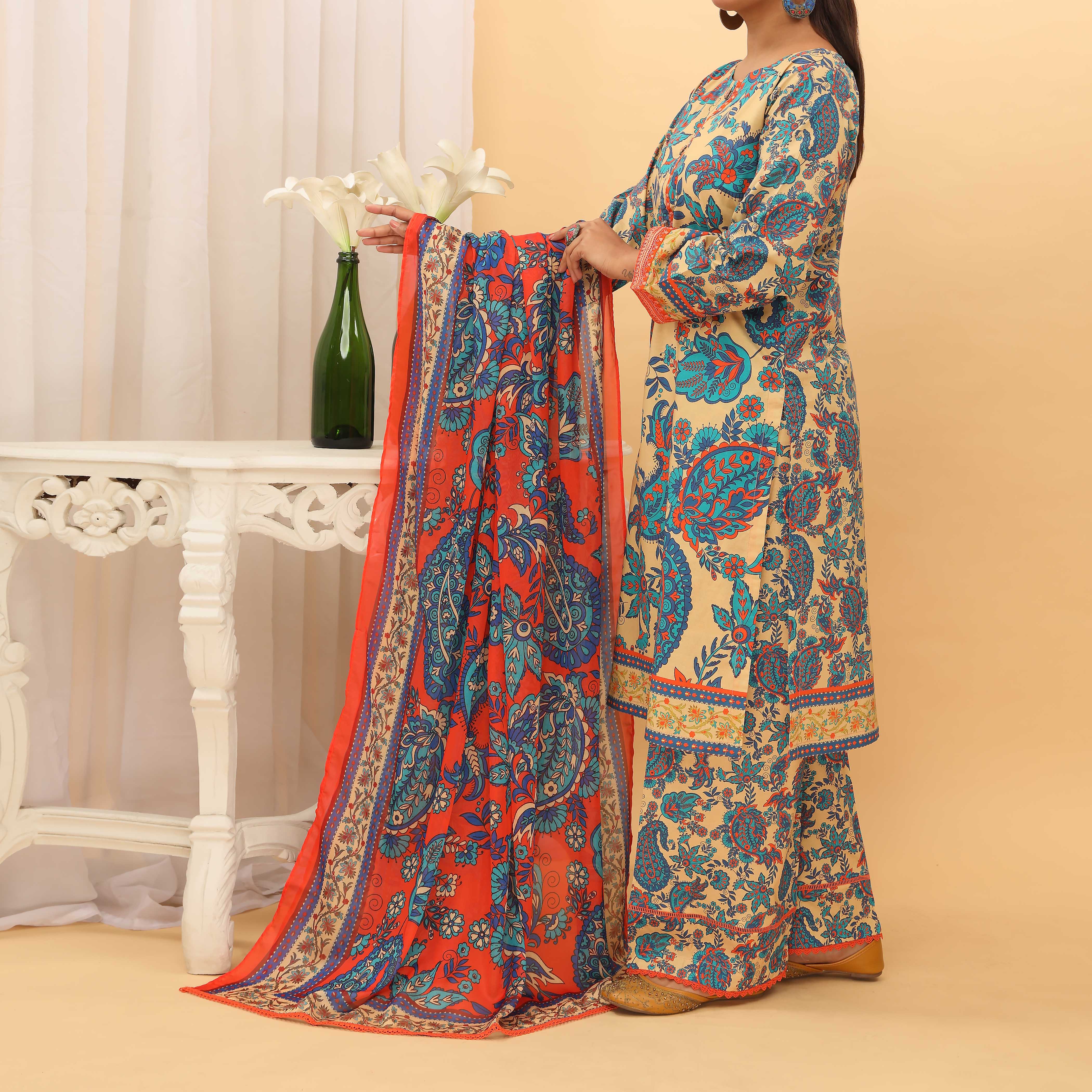 3PC- Digital Printed Embroidered Cambric Suit PS5116 - Image 2