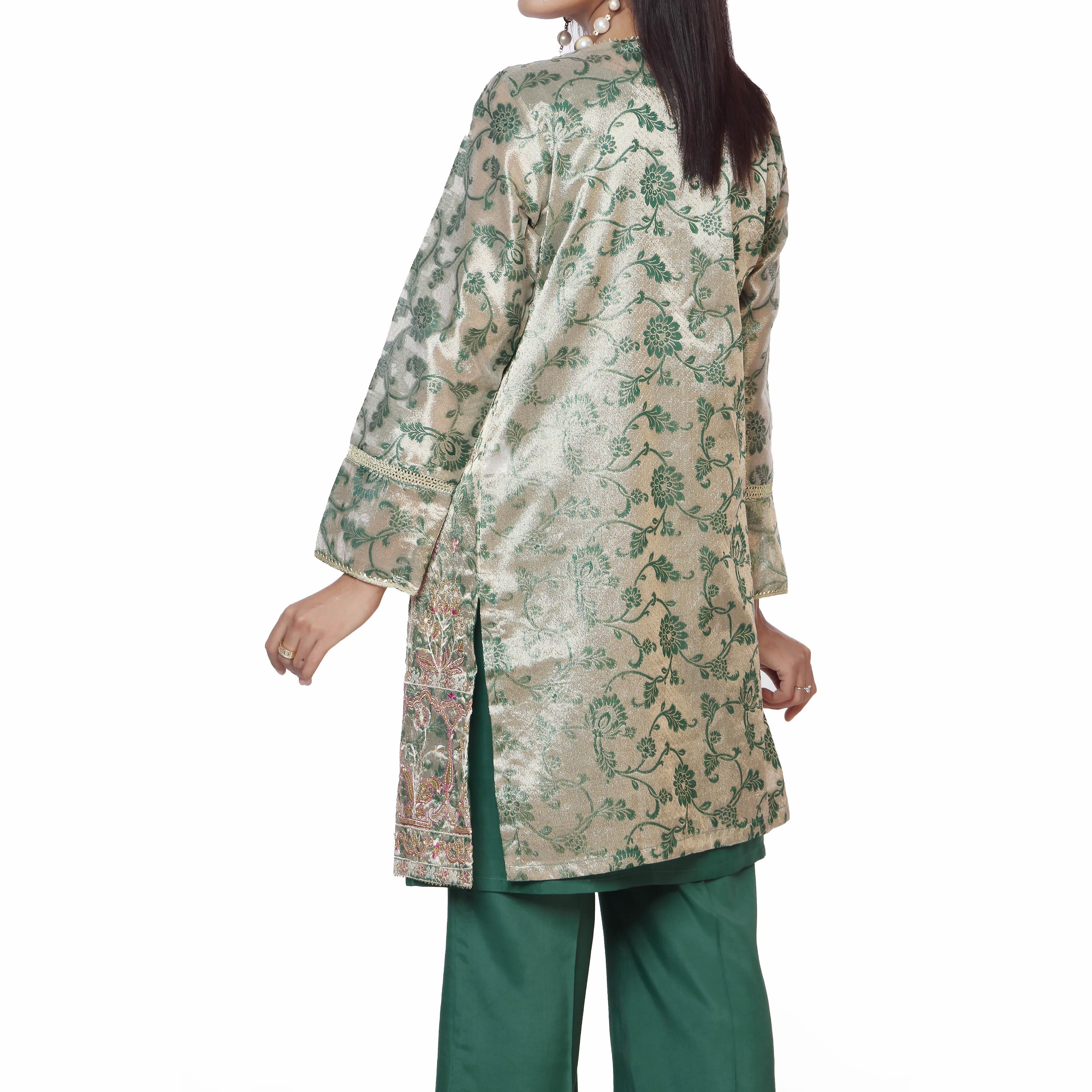 3PC-Embellished Jamawar Shirt with Raw silk Camisole & Trouser PS2301 - Image 3