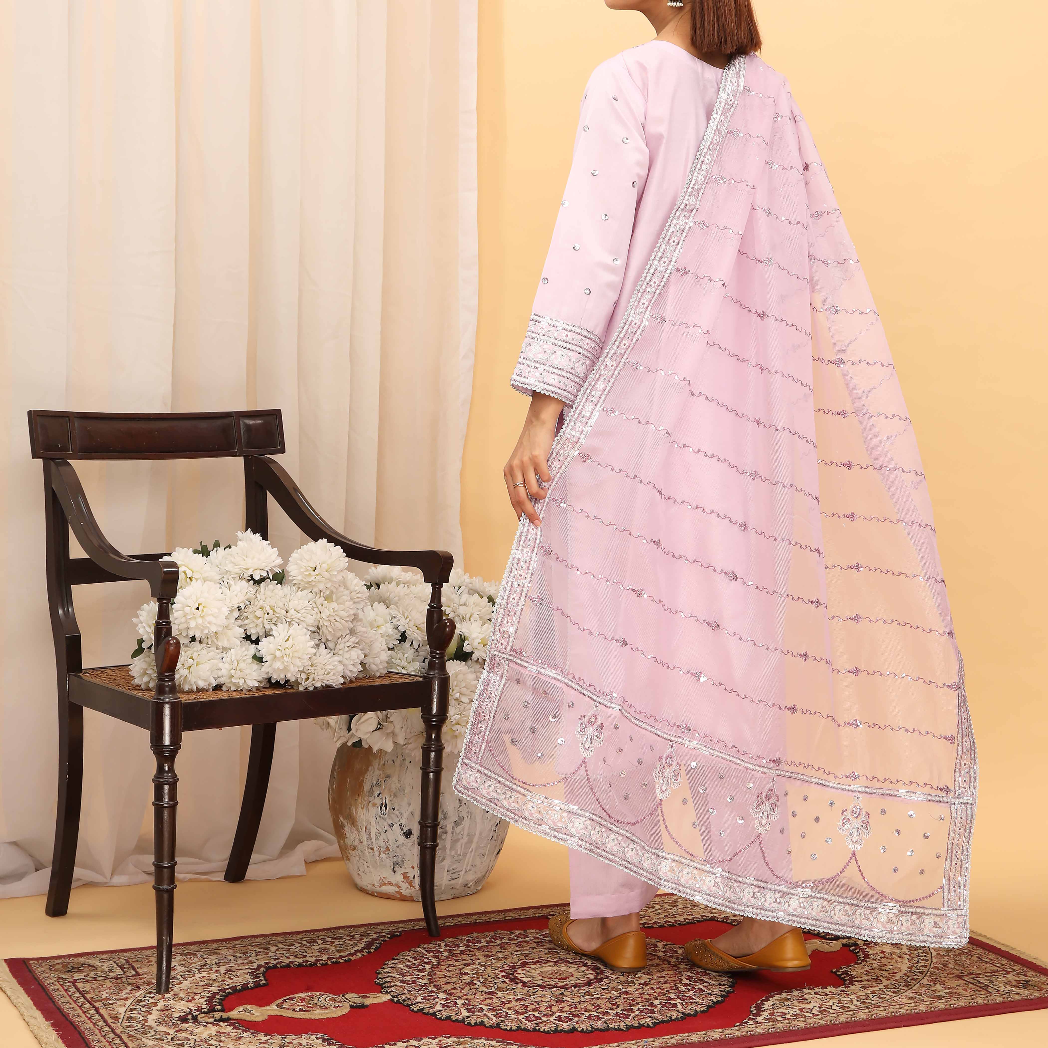 3PC- Embellished Khaddi Net Suit PF5077 - Image 3