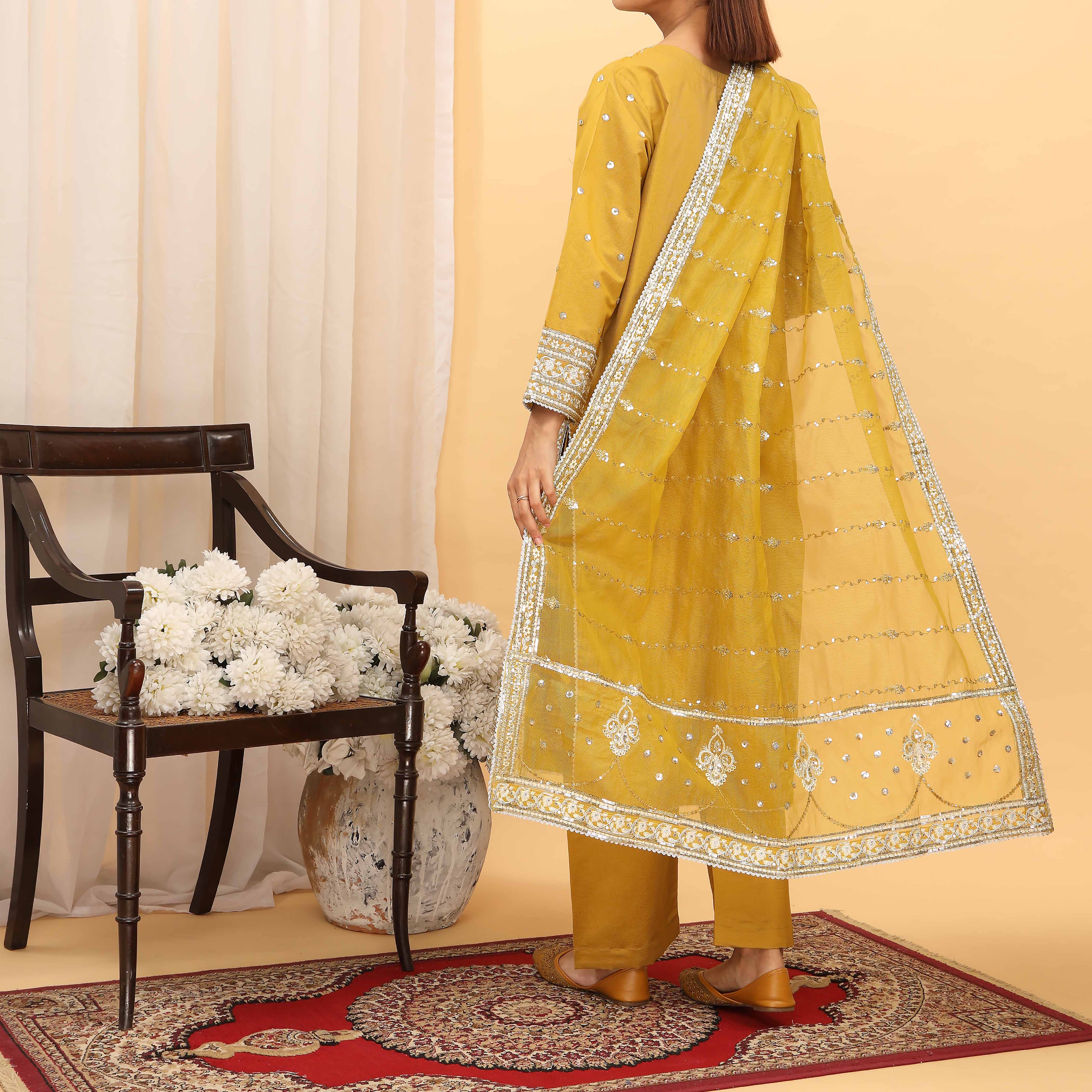 3PC- Embellished Khaddi Net Suit PF5078 - Image 3