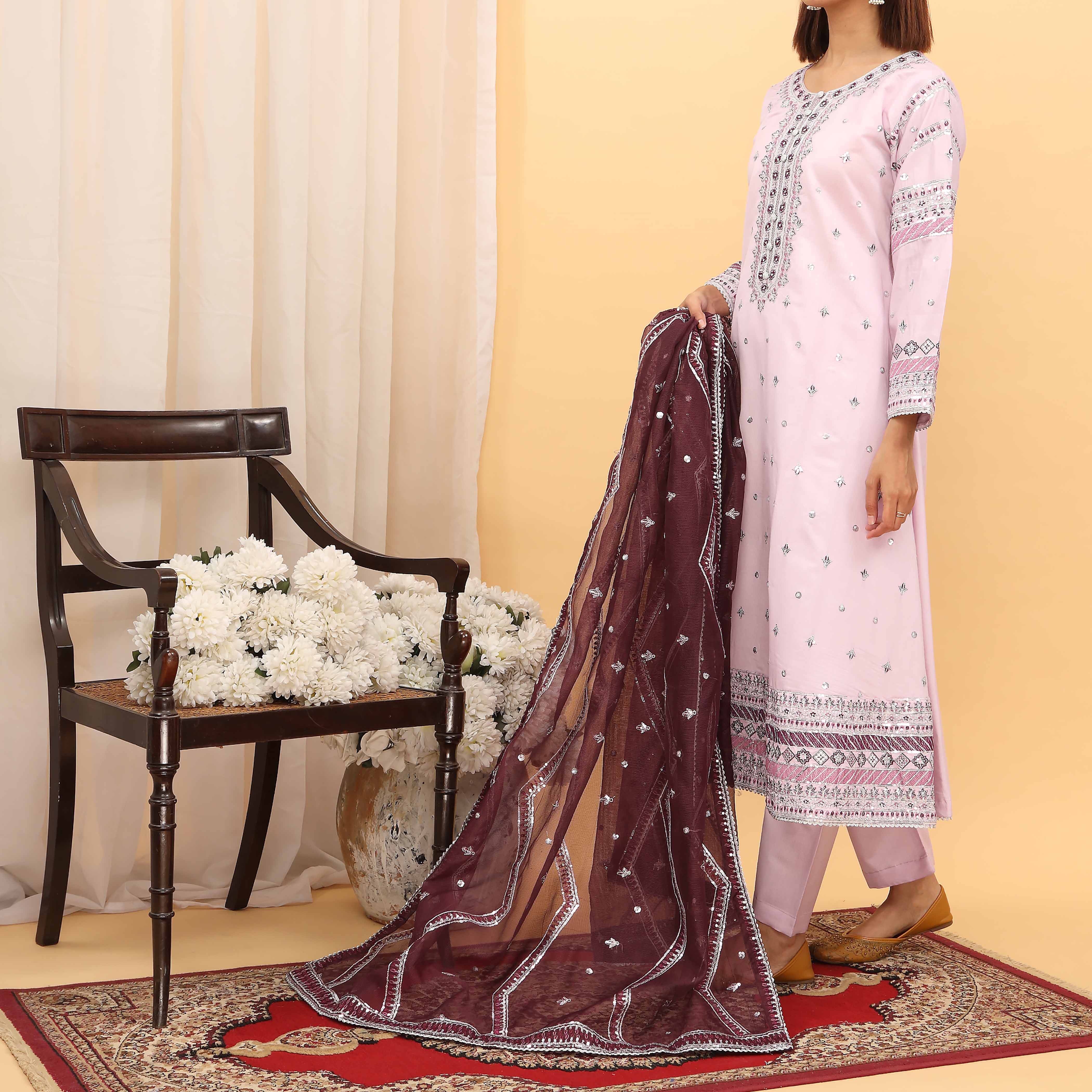3PC- Embellished Khaddi Net Suit PF5117 - Image 2