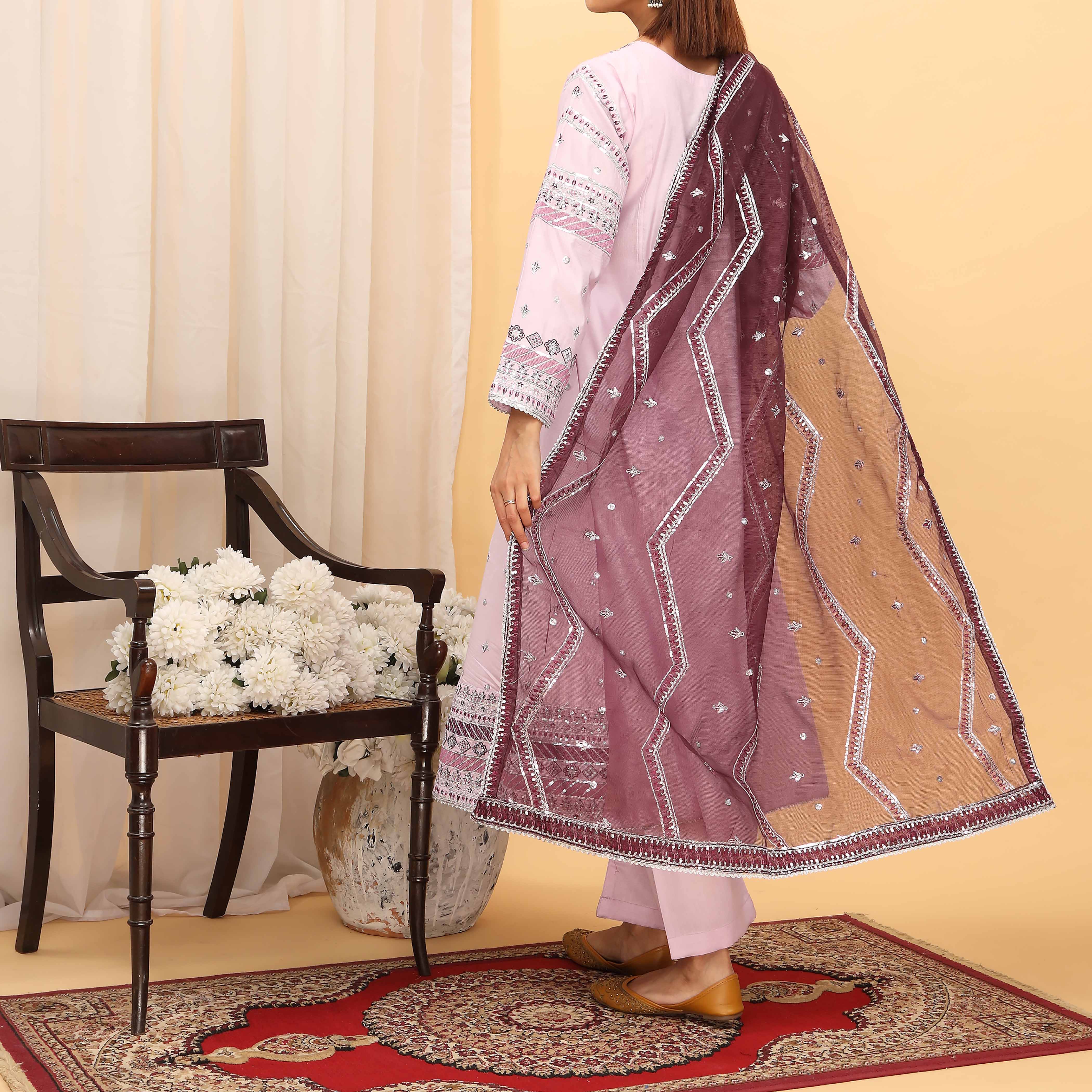 3PC- Embellished Khaddi Net Suit PF5117 - Image 3