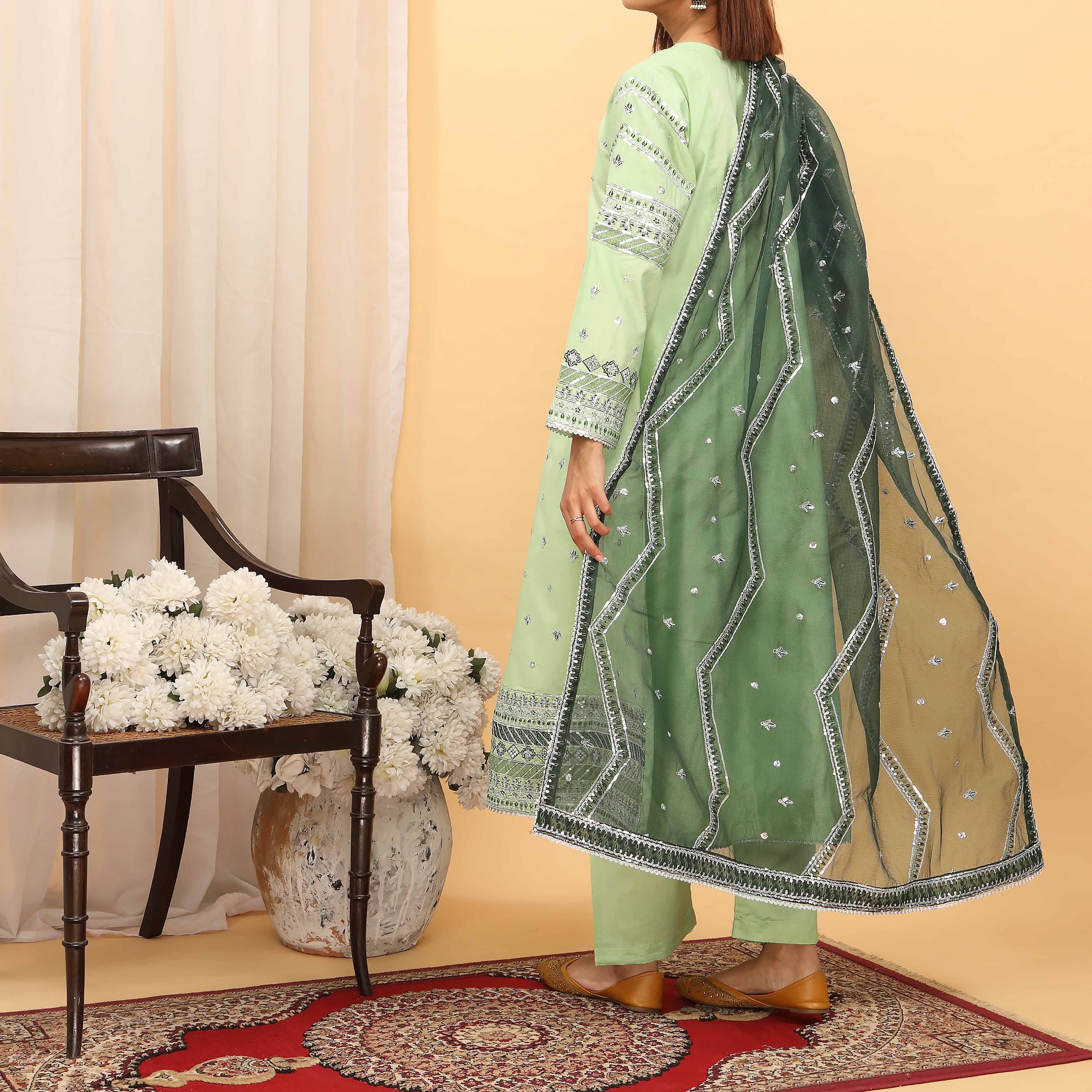 3PC- Embellished Khaddi Net Suit PF5118 - Image 3