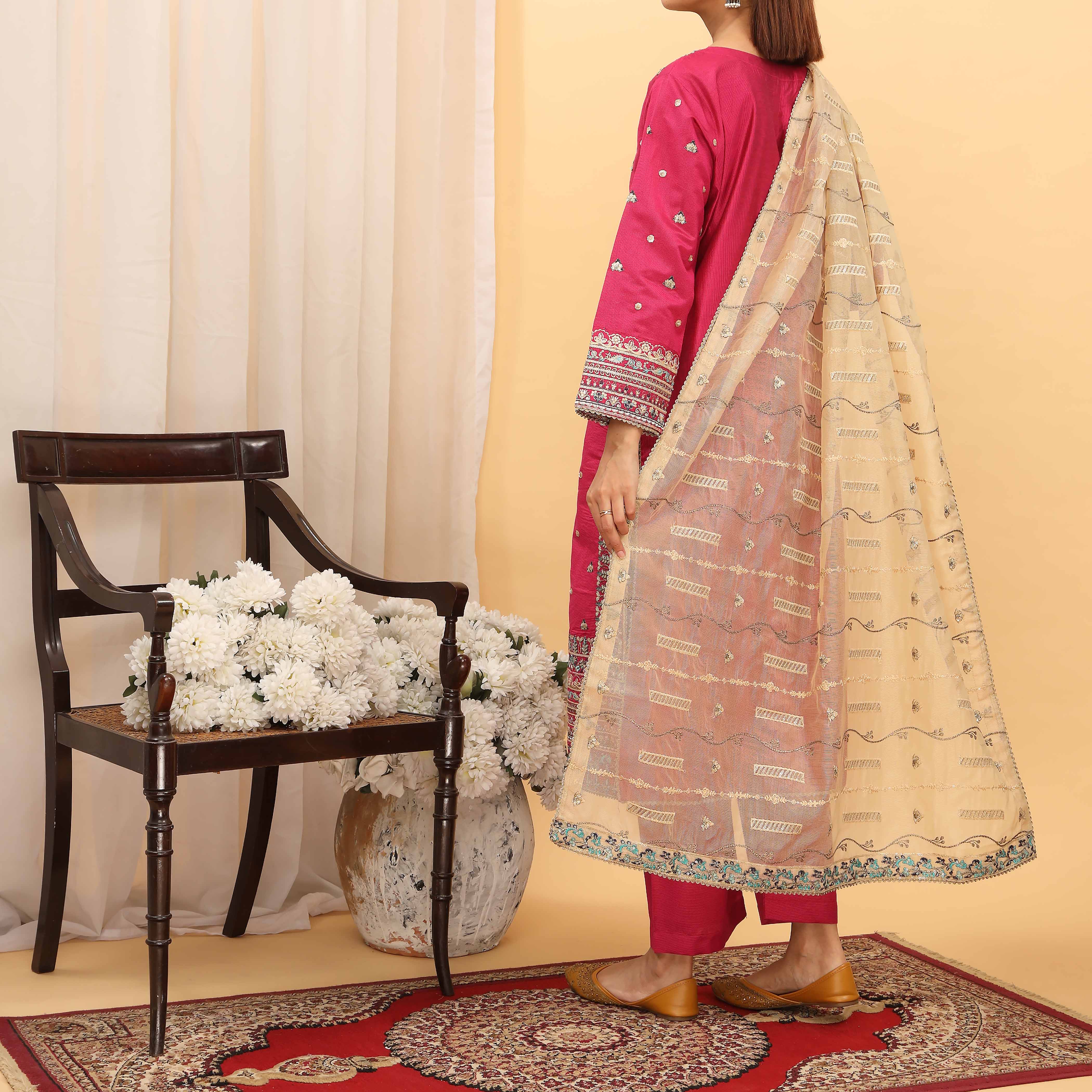3PC- Embellished Khaddi Net Suit PF5143 - Image 3