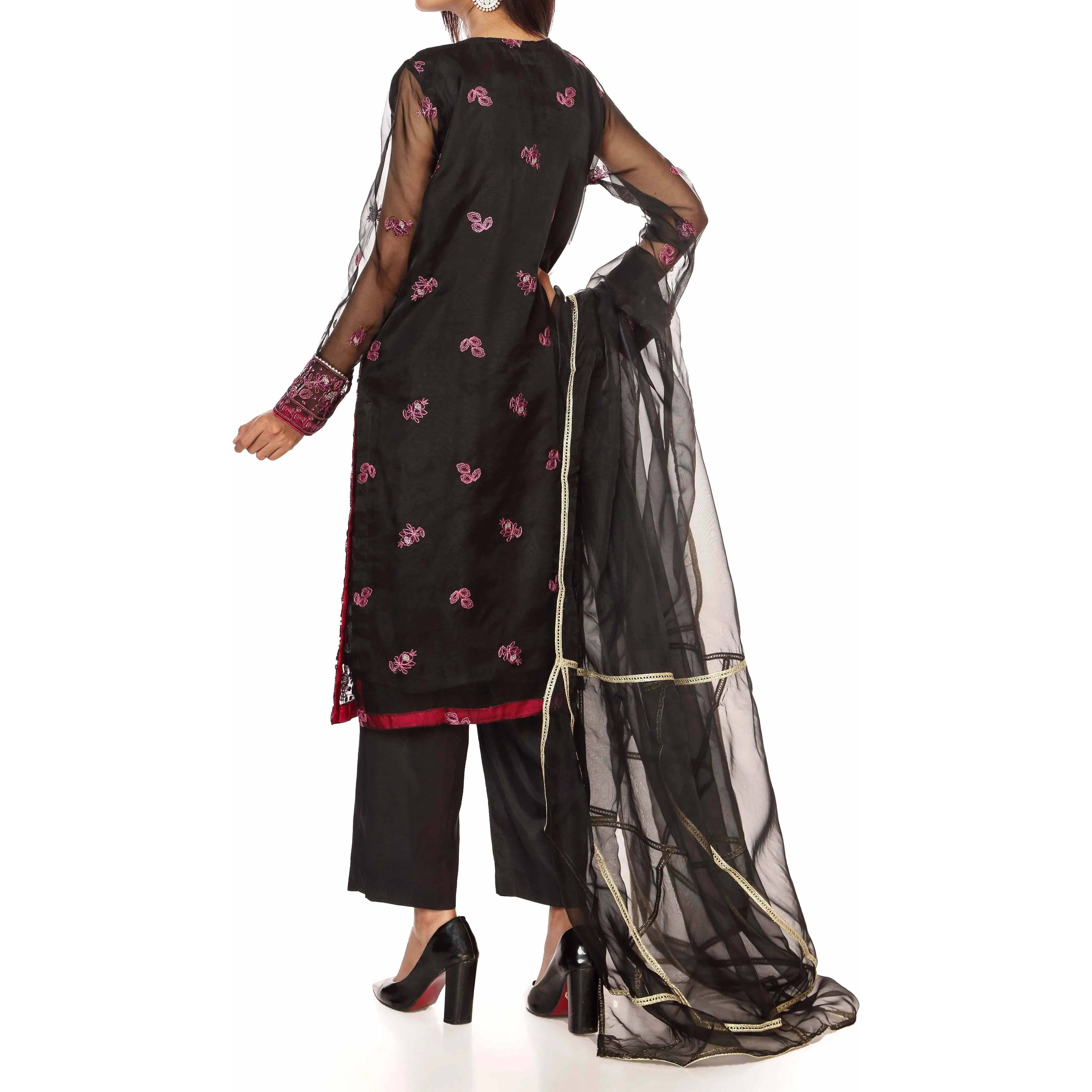 3PC- Embellished Organza Shirt & Dupatta With Raw SilkTrousers PS2187 - Image 3