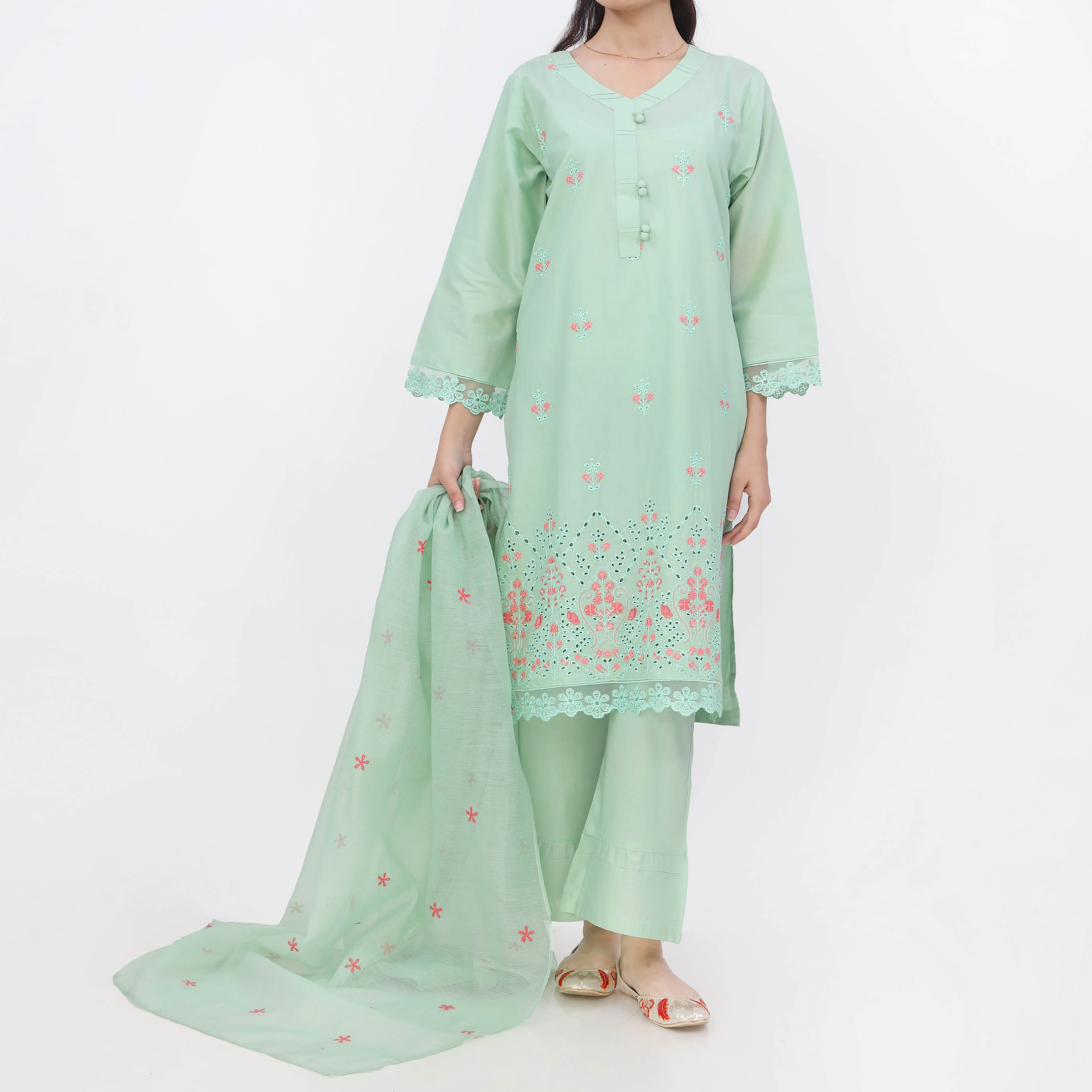 3PC- Embroiderd Cotton Cambric Suit PS5499 - Image 2