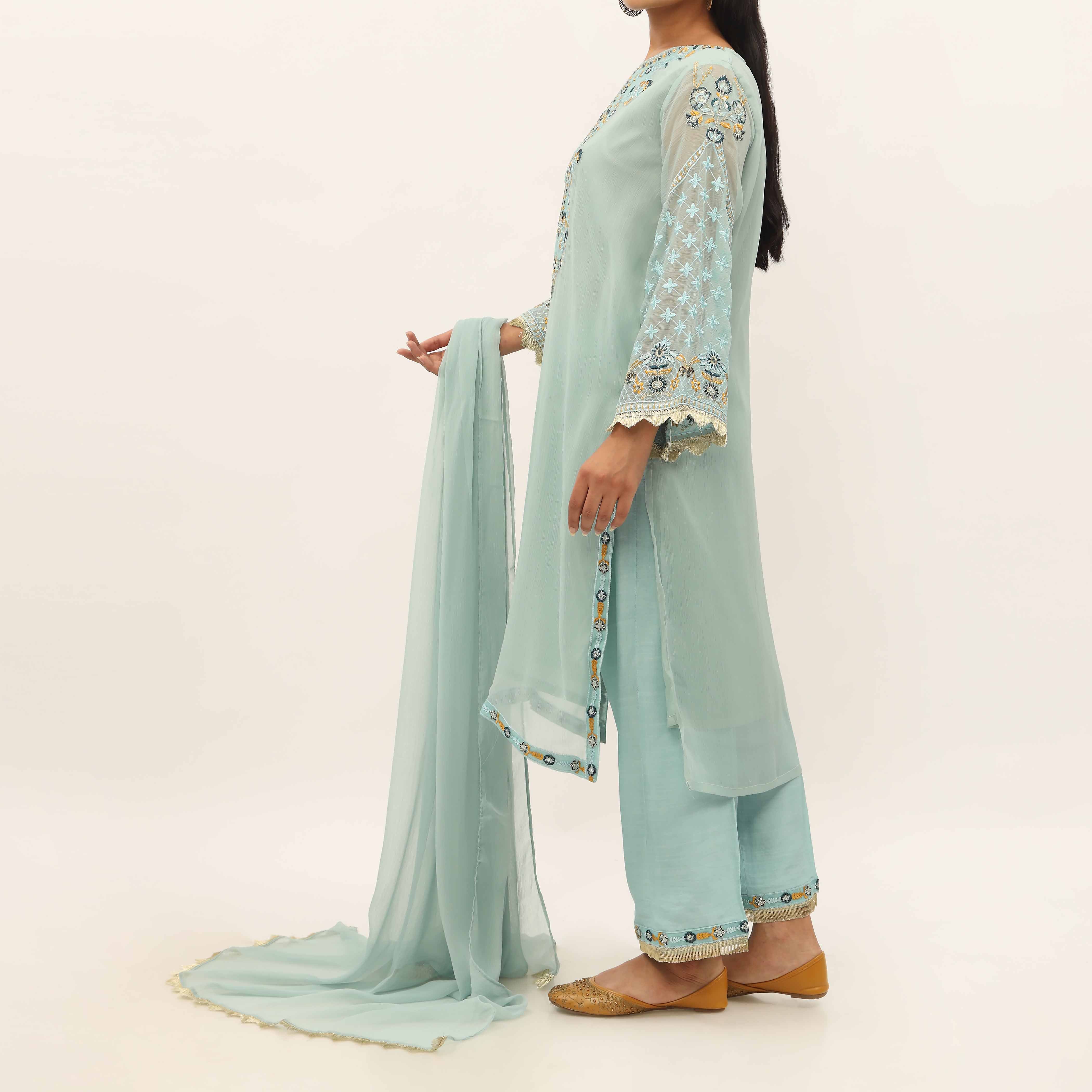 3PC- Embroiderd Crinkle Chiffon Suit PS5193 - Image 4