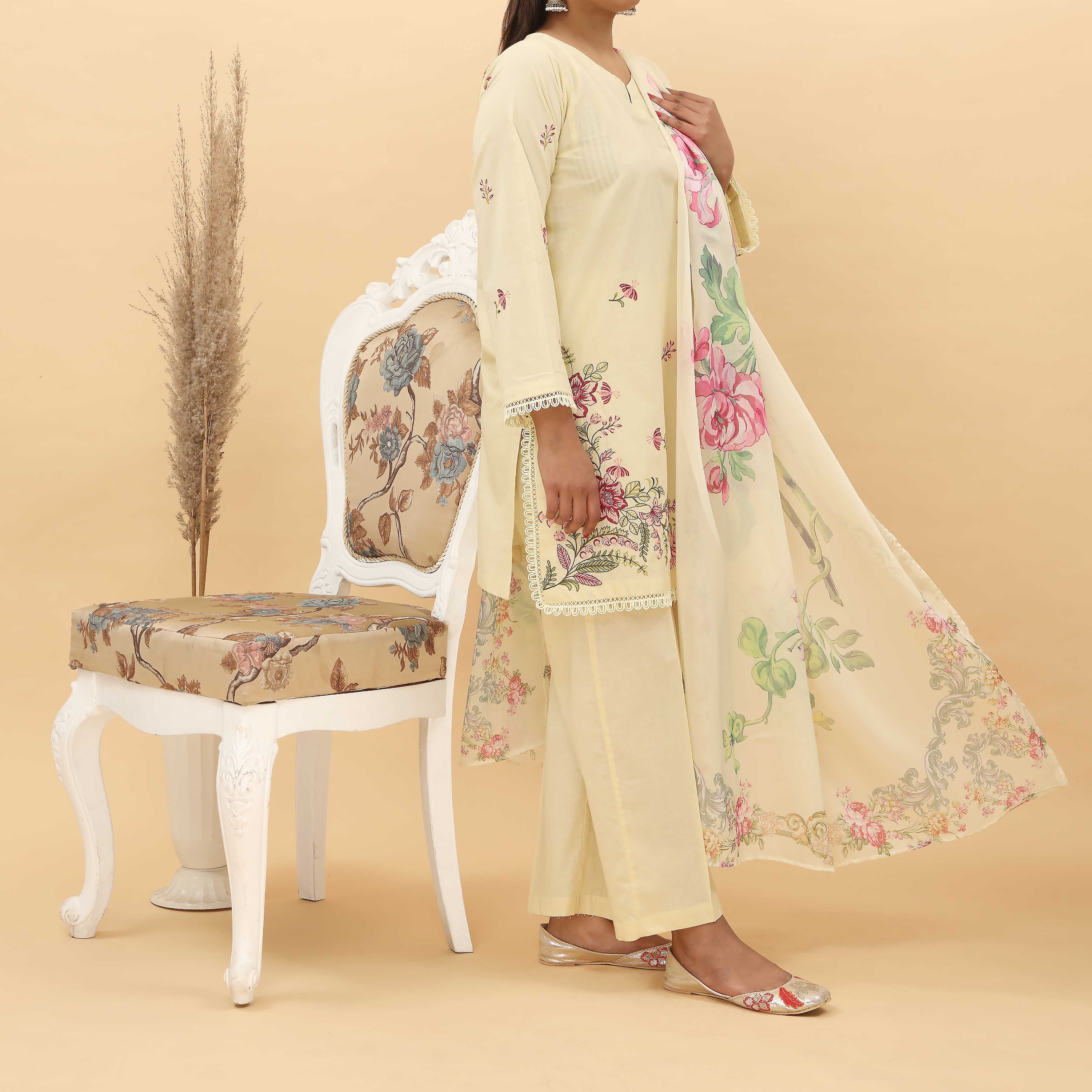 3PC- Embroidered Cotton Cambric Suit PS5006 - Image 2