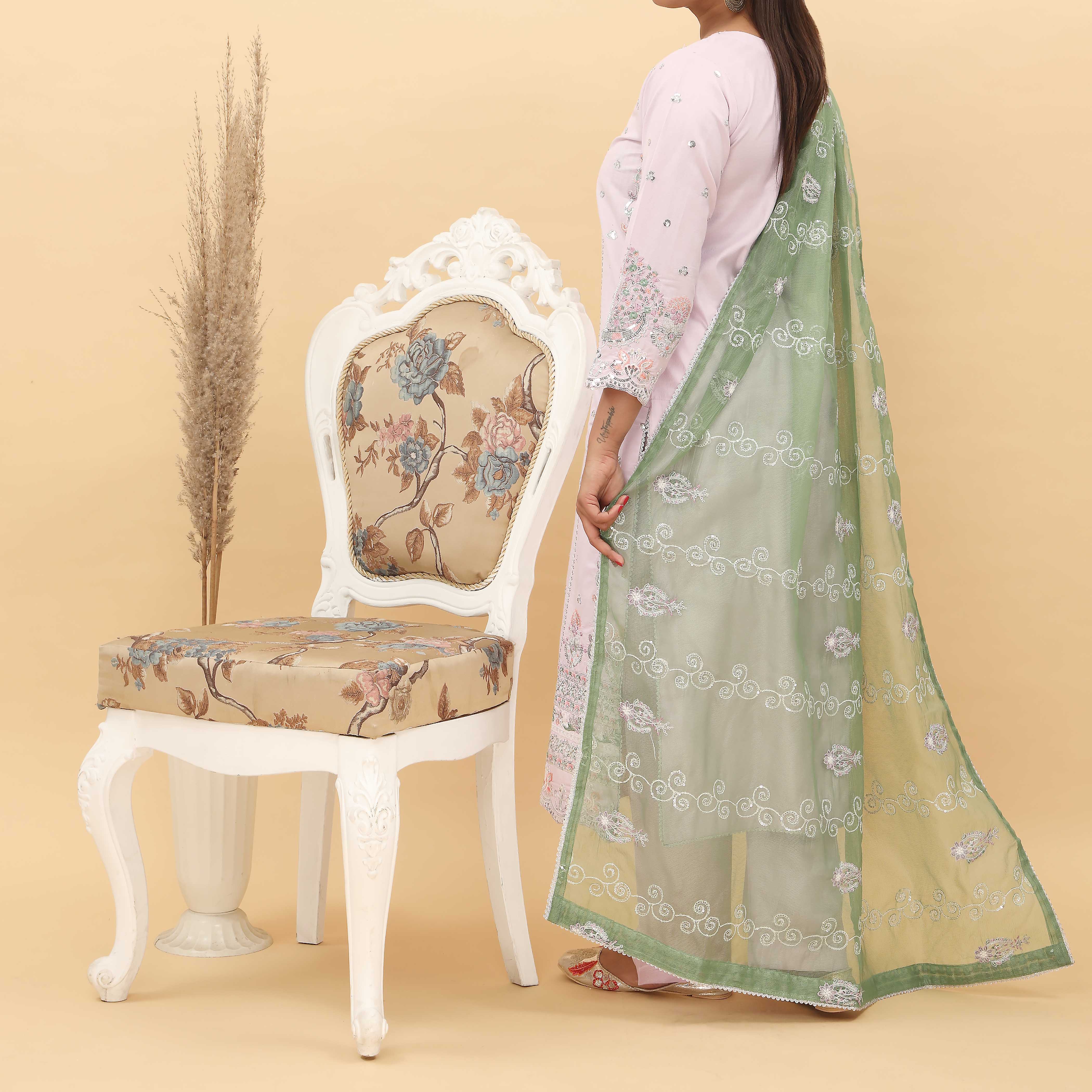 3PC- Embroidered Khadi Net Suit PF5022 - Image 3