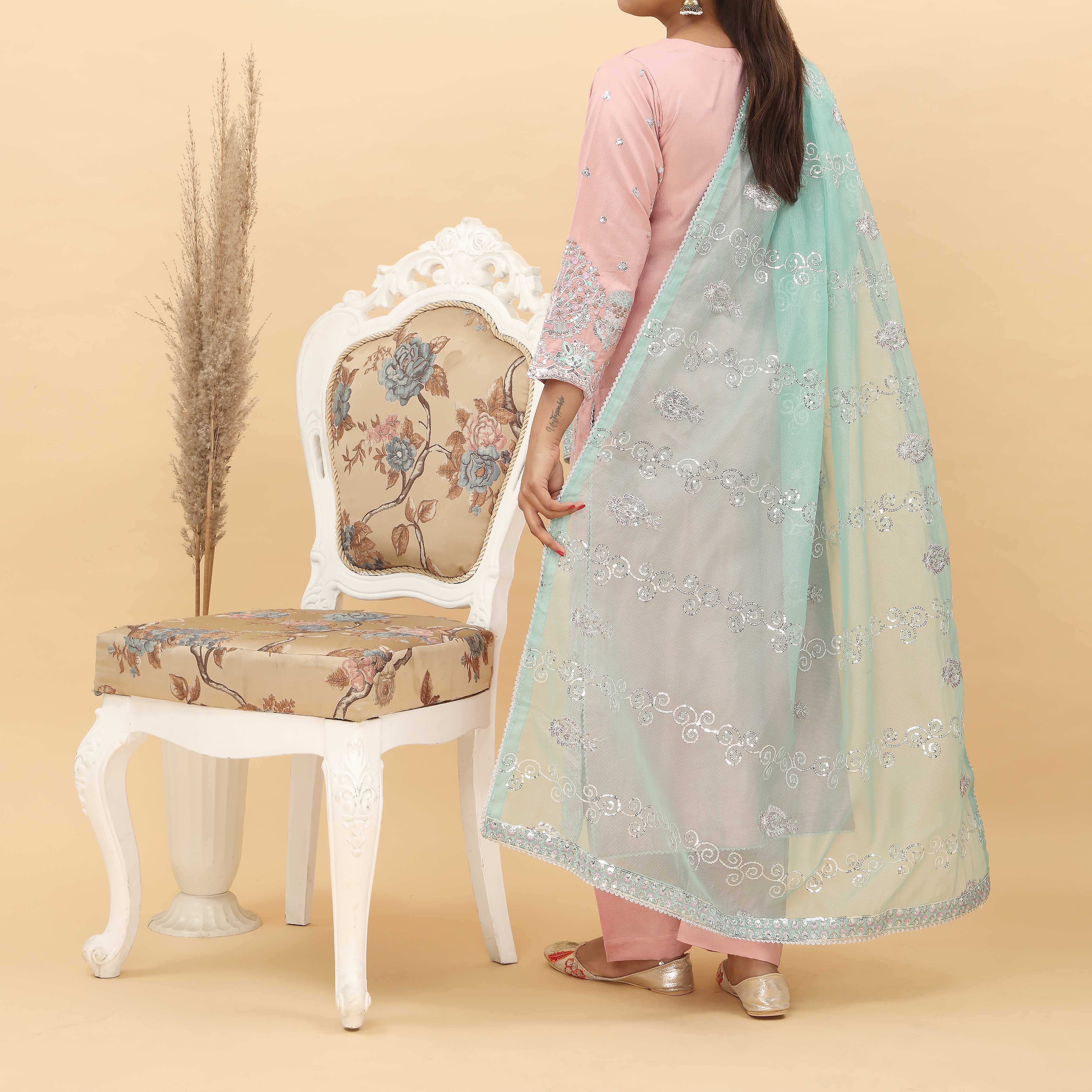 3PC- Embroidered Khadi Net Suit PF5023 - Image 4