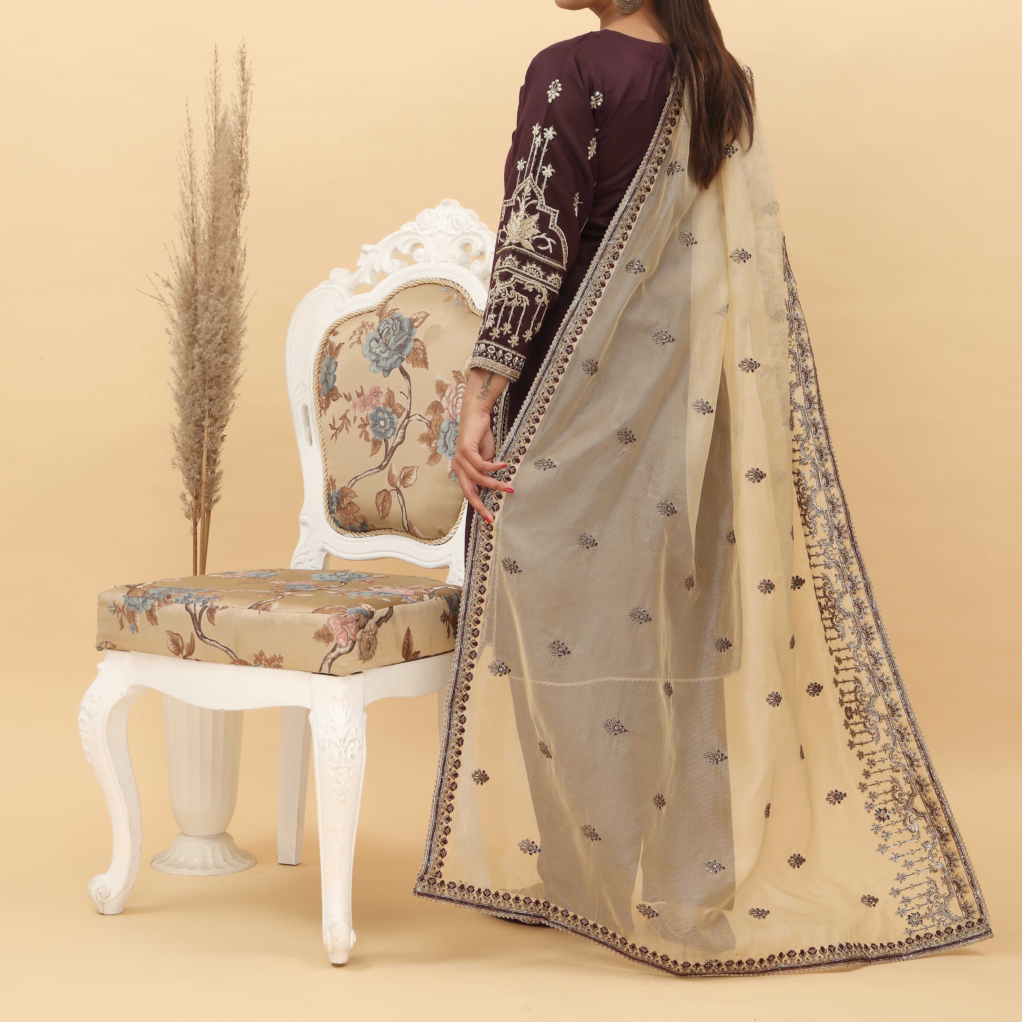 3PC- Embroidered Khadi Net Suit PF5026 - Image 3