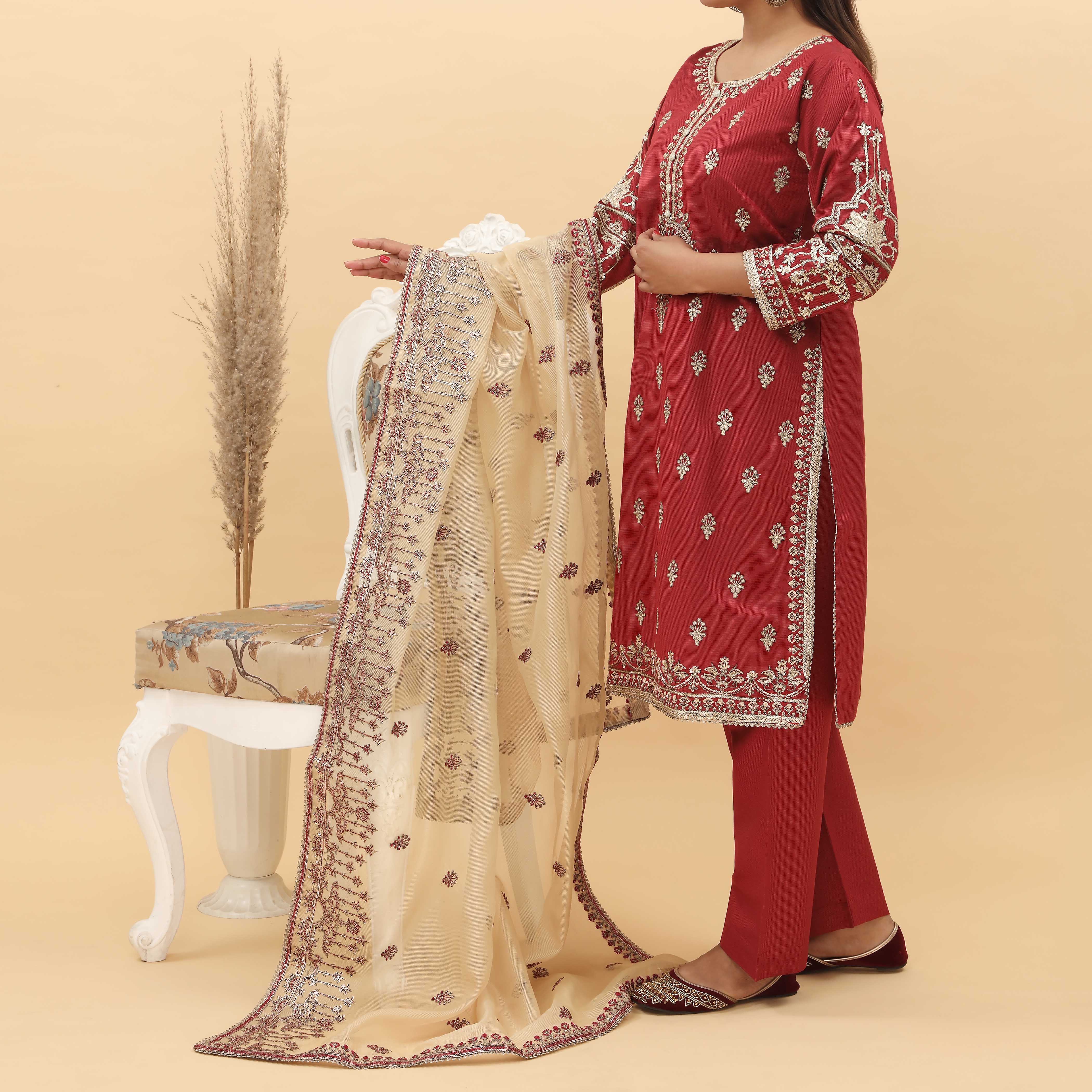 3PC- Embroidered Khadi Net Suit PF5029 - Image 2
