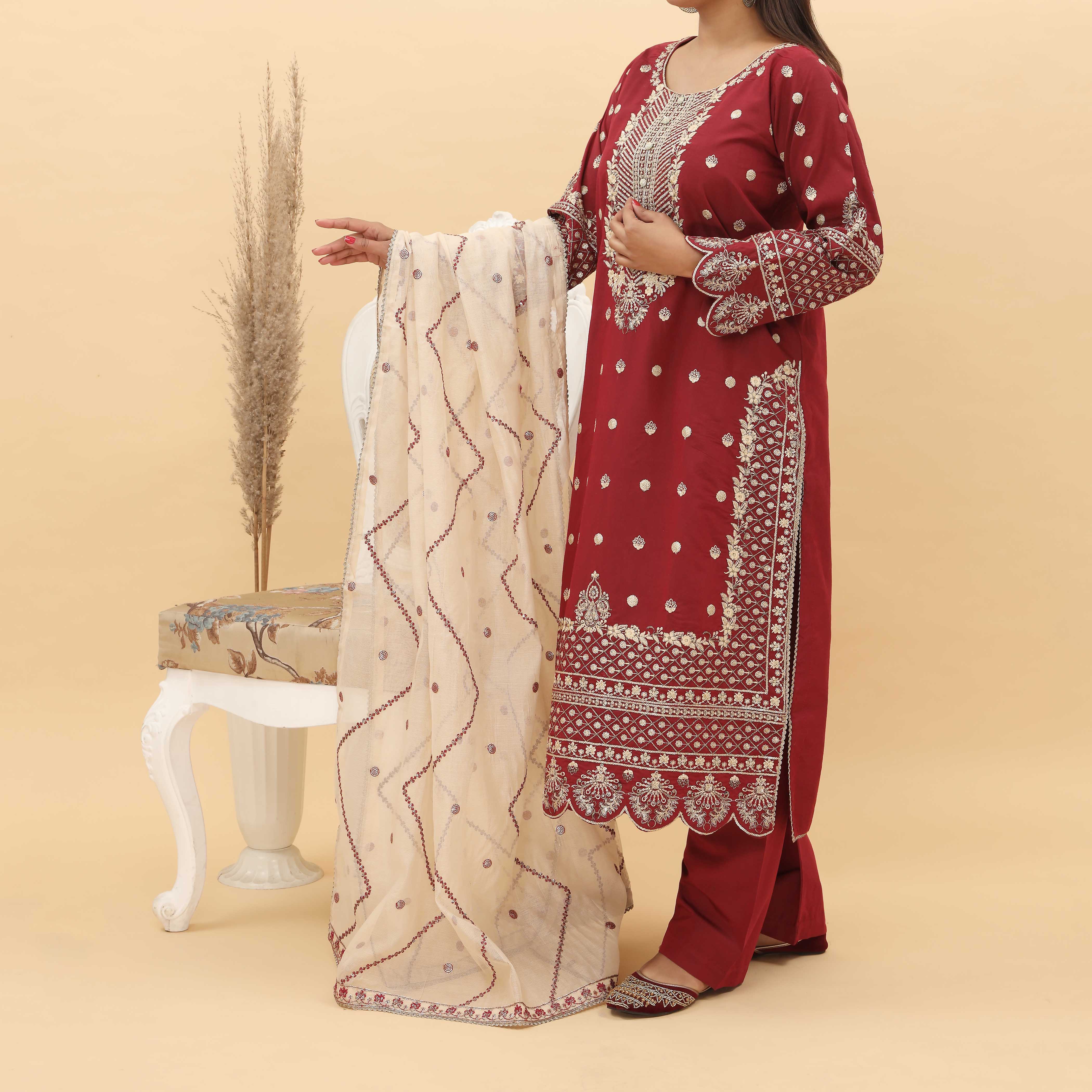 3PC- Embroidered Khadi Net Suit PF5038 - Image 2