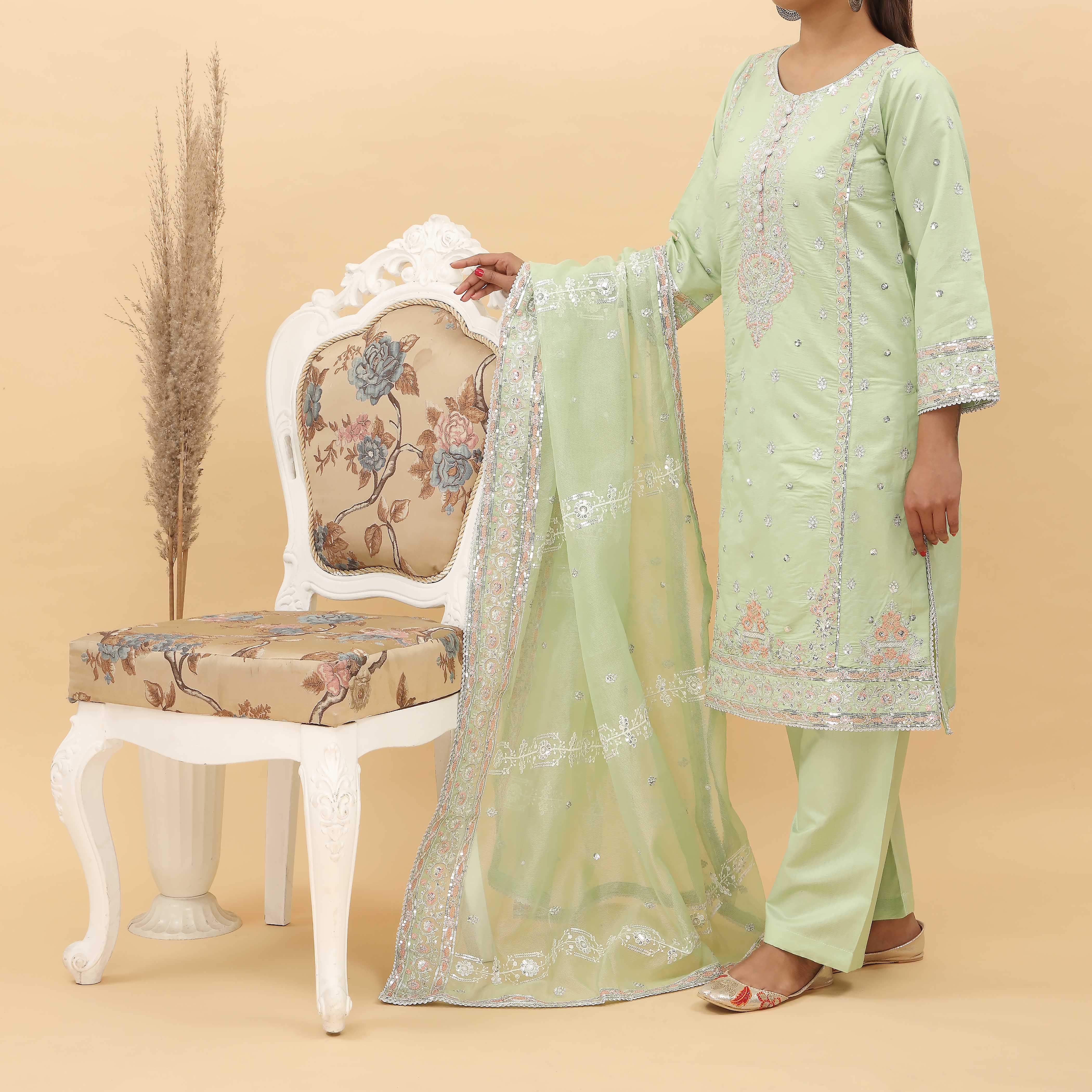 3PC- Embroidered Khadi Net Suit PF5059 - Image 3