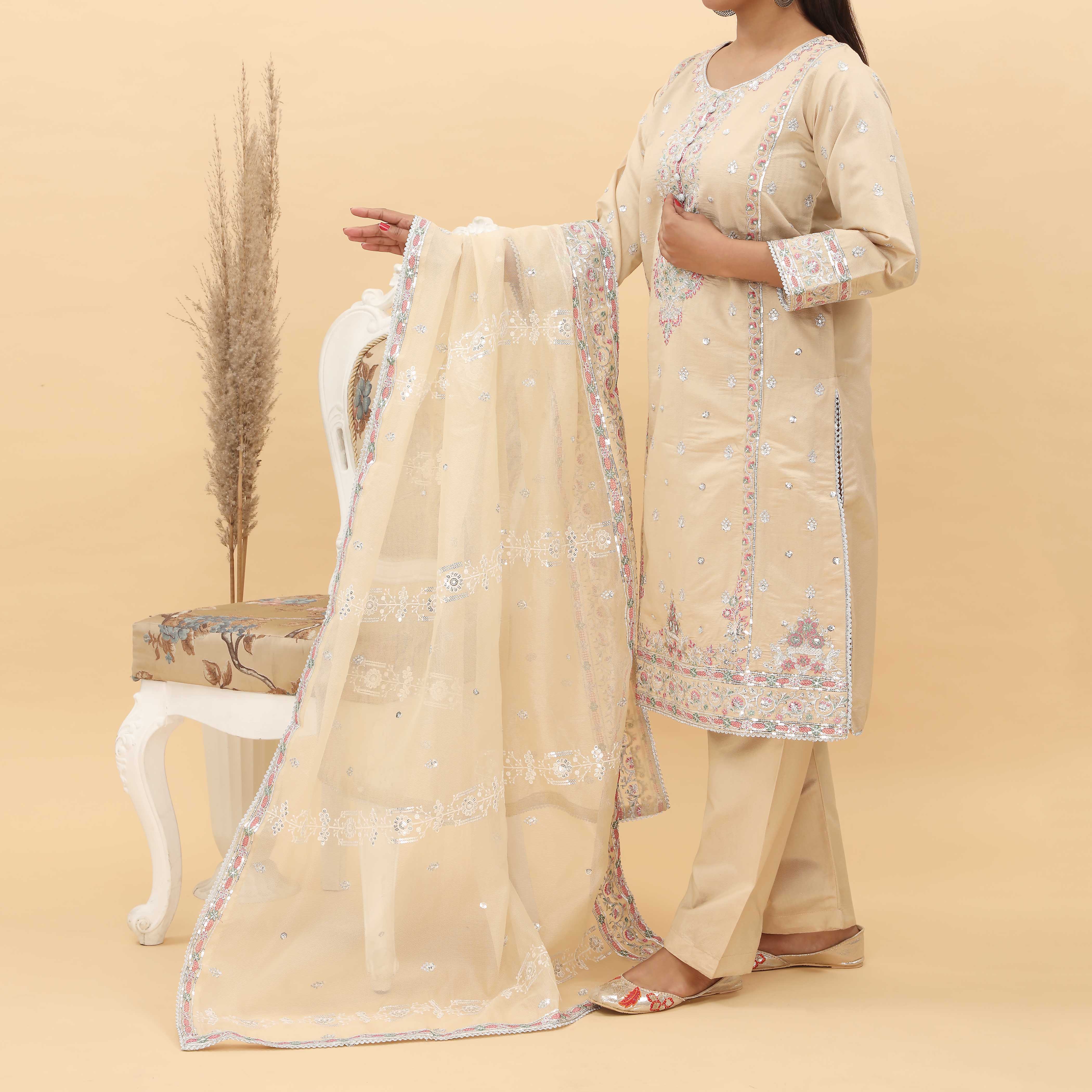 3PC- Embroidered Khadi Net Suit PF5061 - Image 3