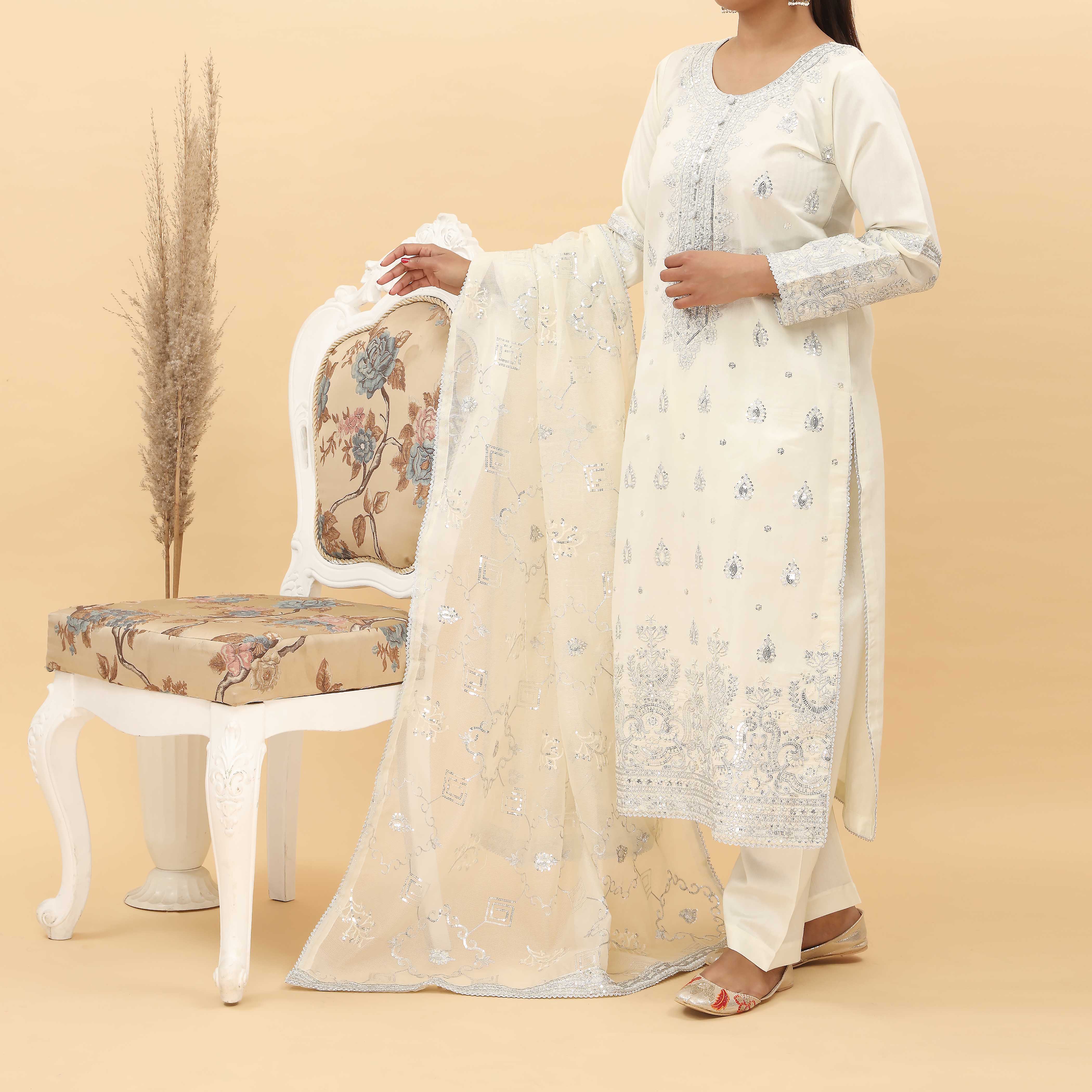 3PC- Embroidered Khadi Net Suit PF5075 - Image 3