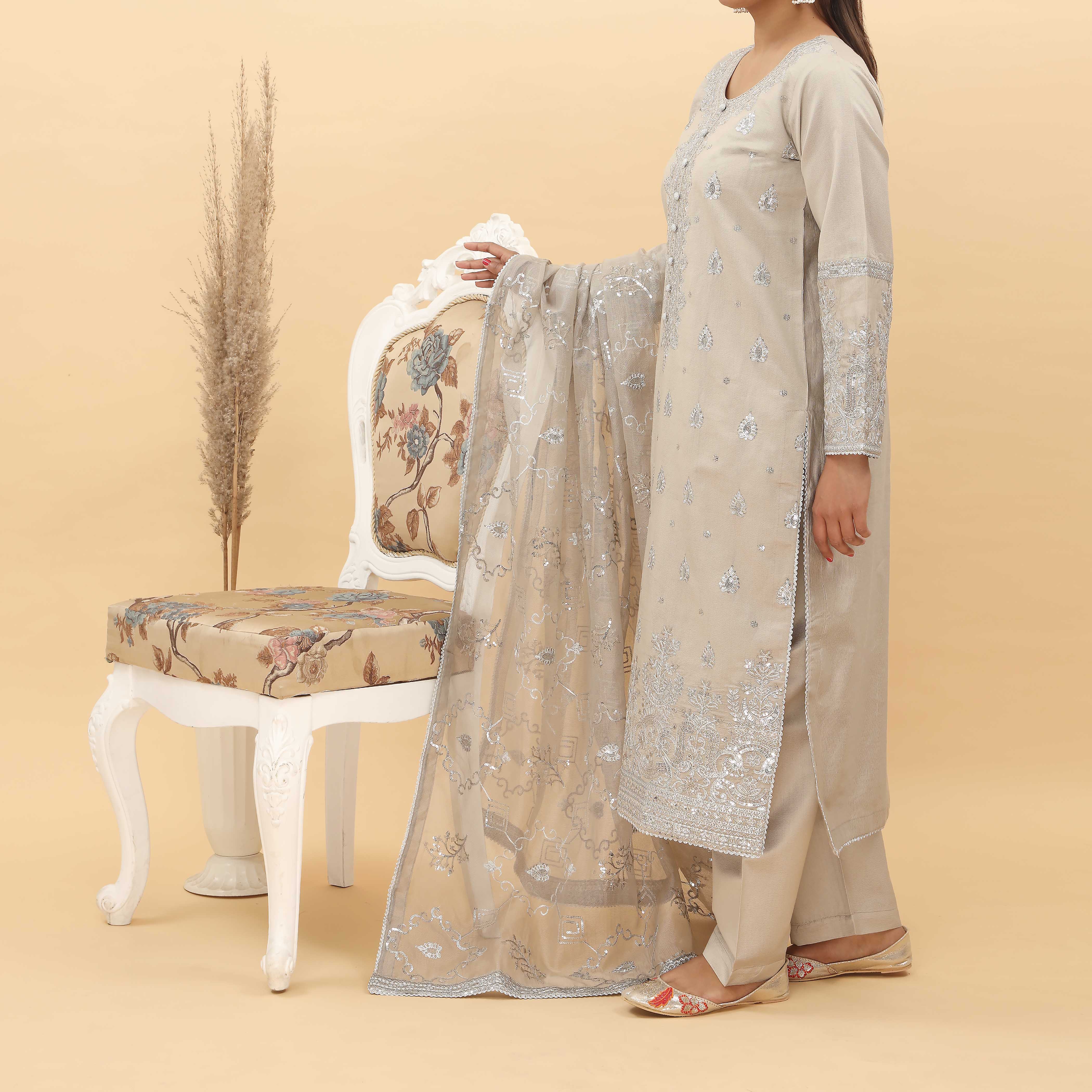 3PC- Embroidered Khadi Net Suit PF5076 - Image 3