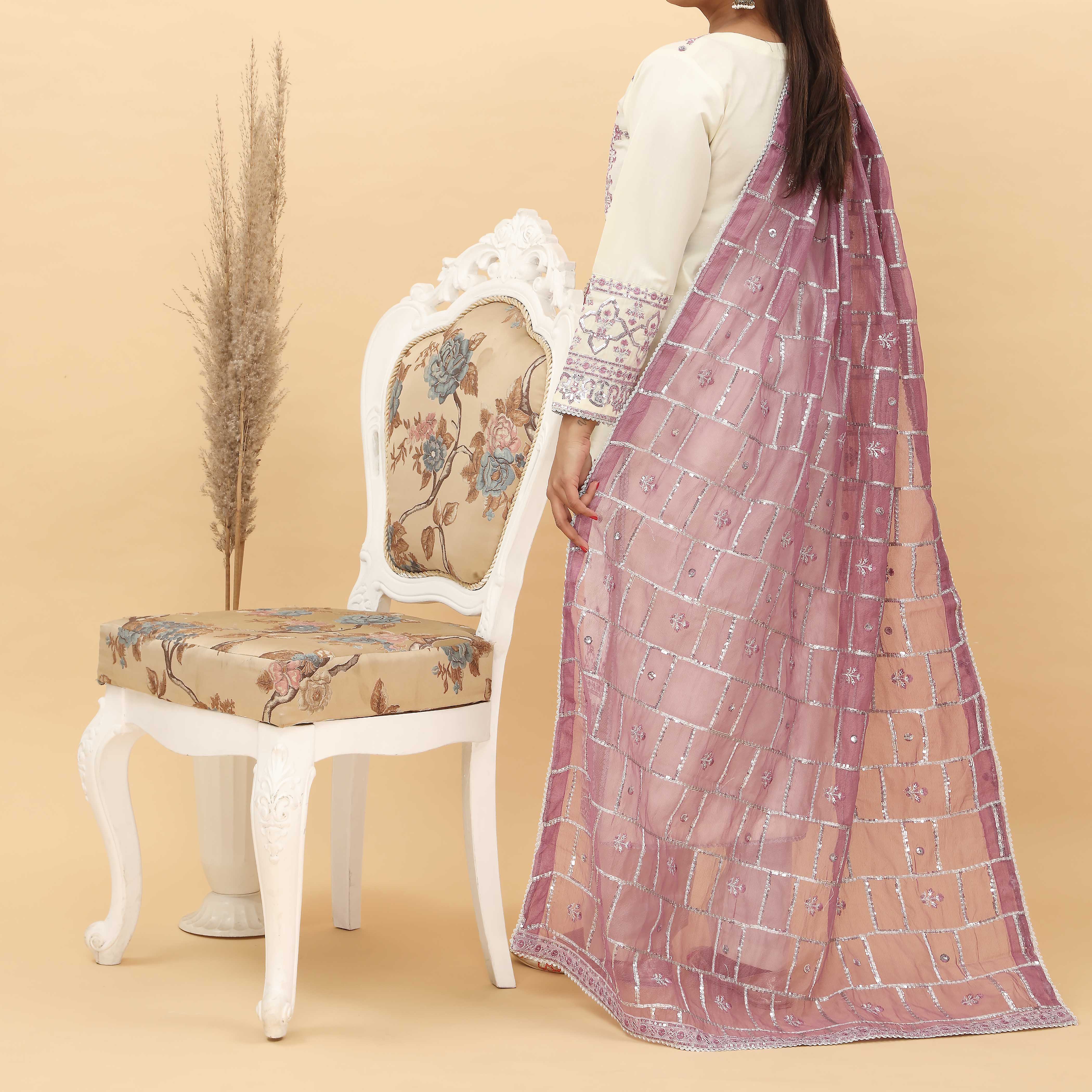 3PC- Embroidered Khadi Net Suit PF5085 - Image 3