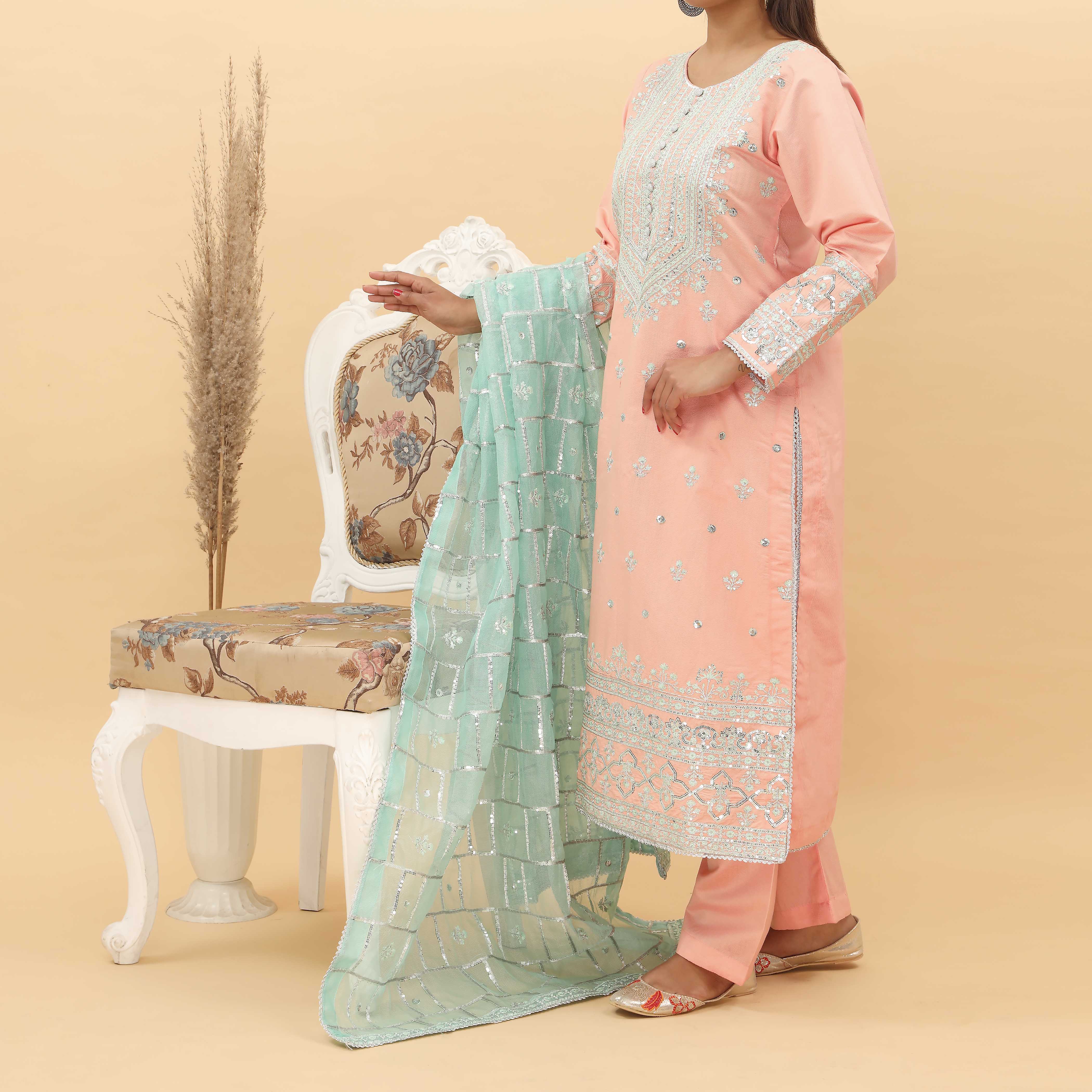 3PC- Embroidered Khadi Net Suit PF5087 - Image 2