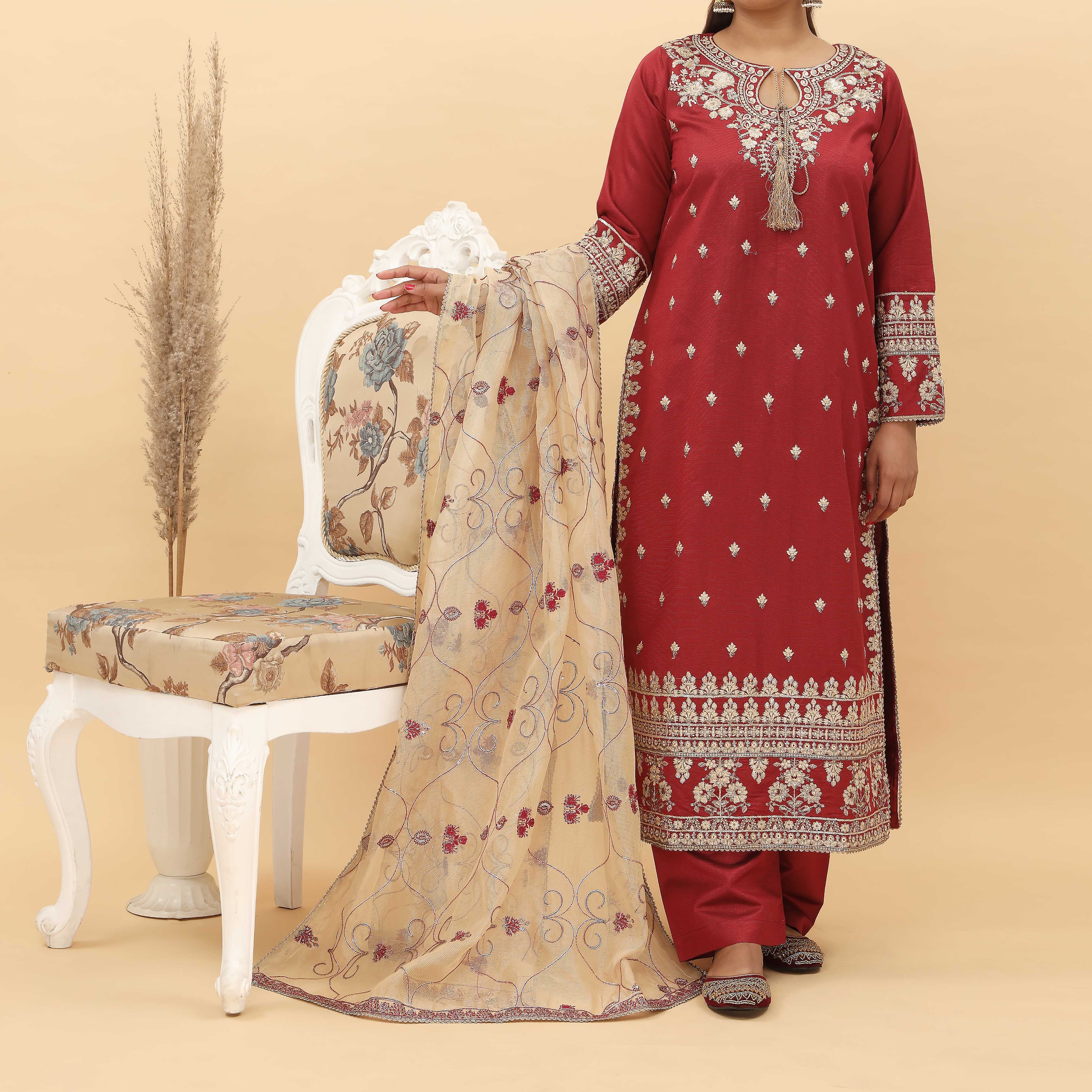 3PC- Embroidered Khadi Net Suit PF5092 - Image 2