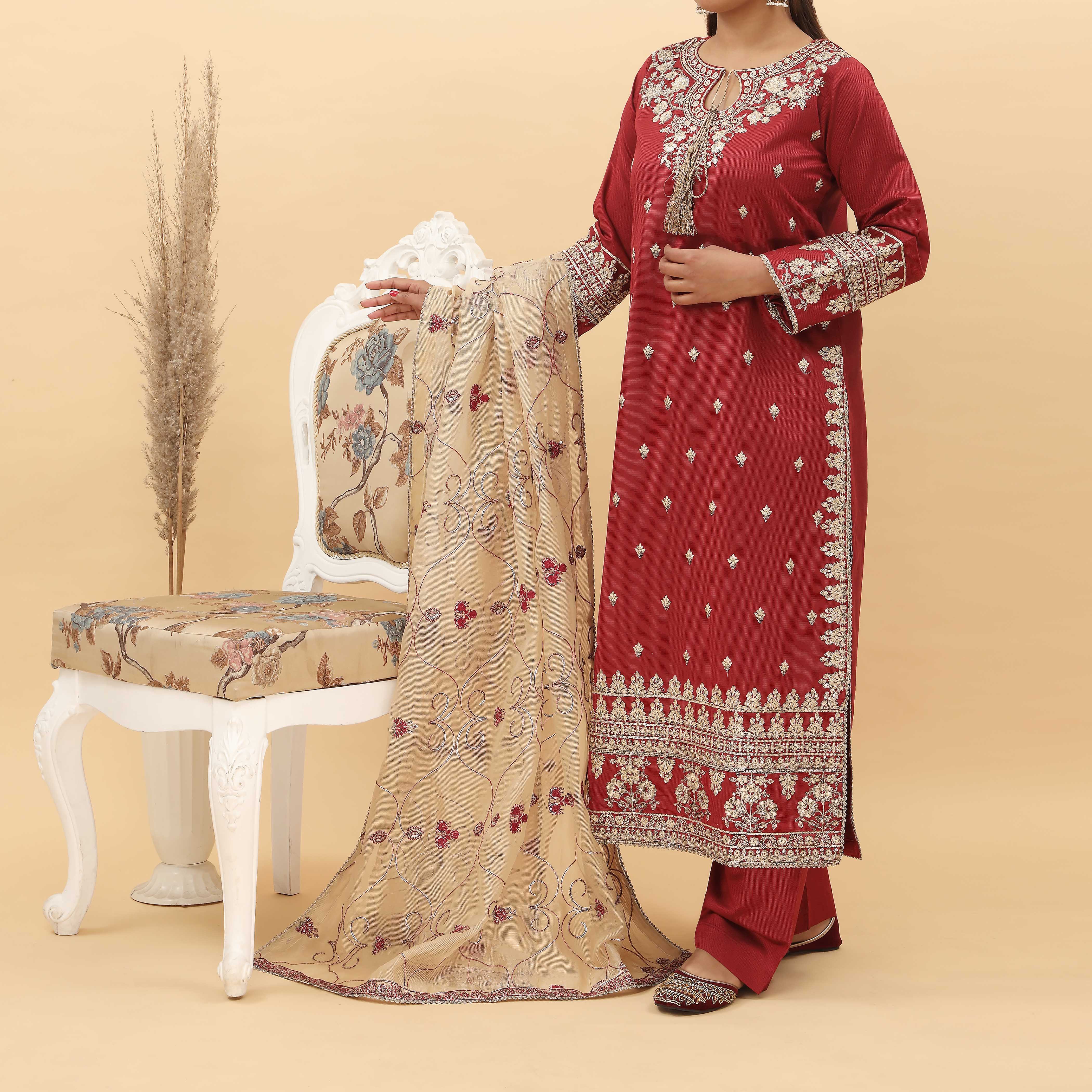 3PC- Embroidered Khadi Net Suit PF5092 - Image 3