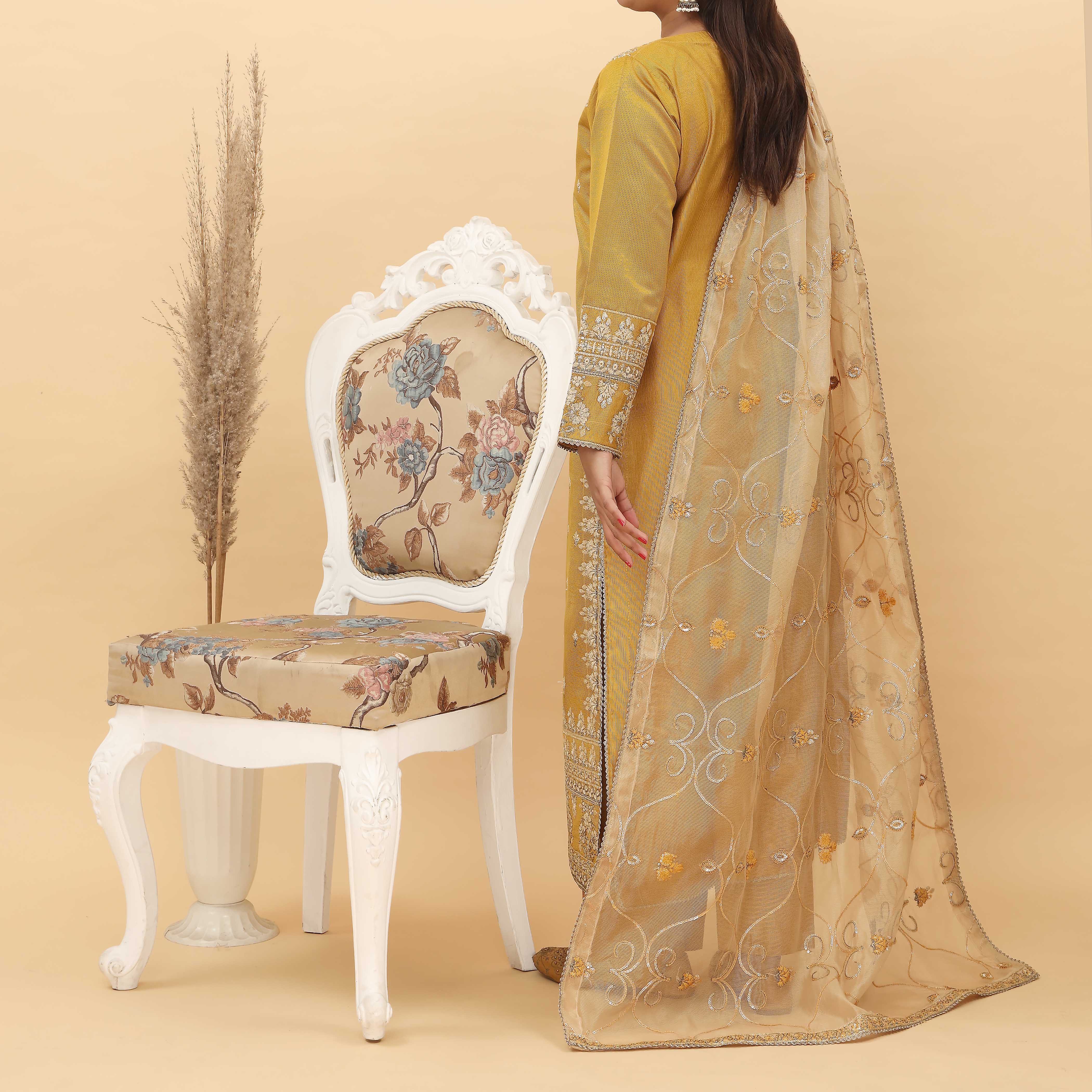 3PC- Embroidered Khadi Net Suit PF5093 - Image 3