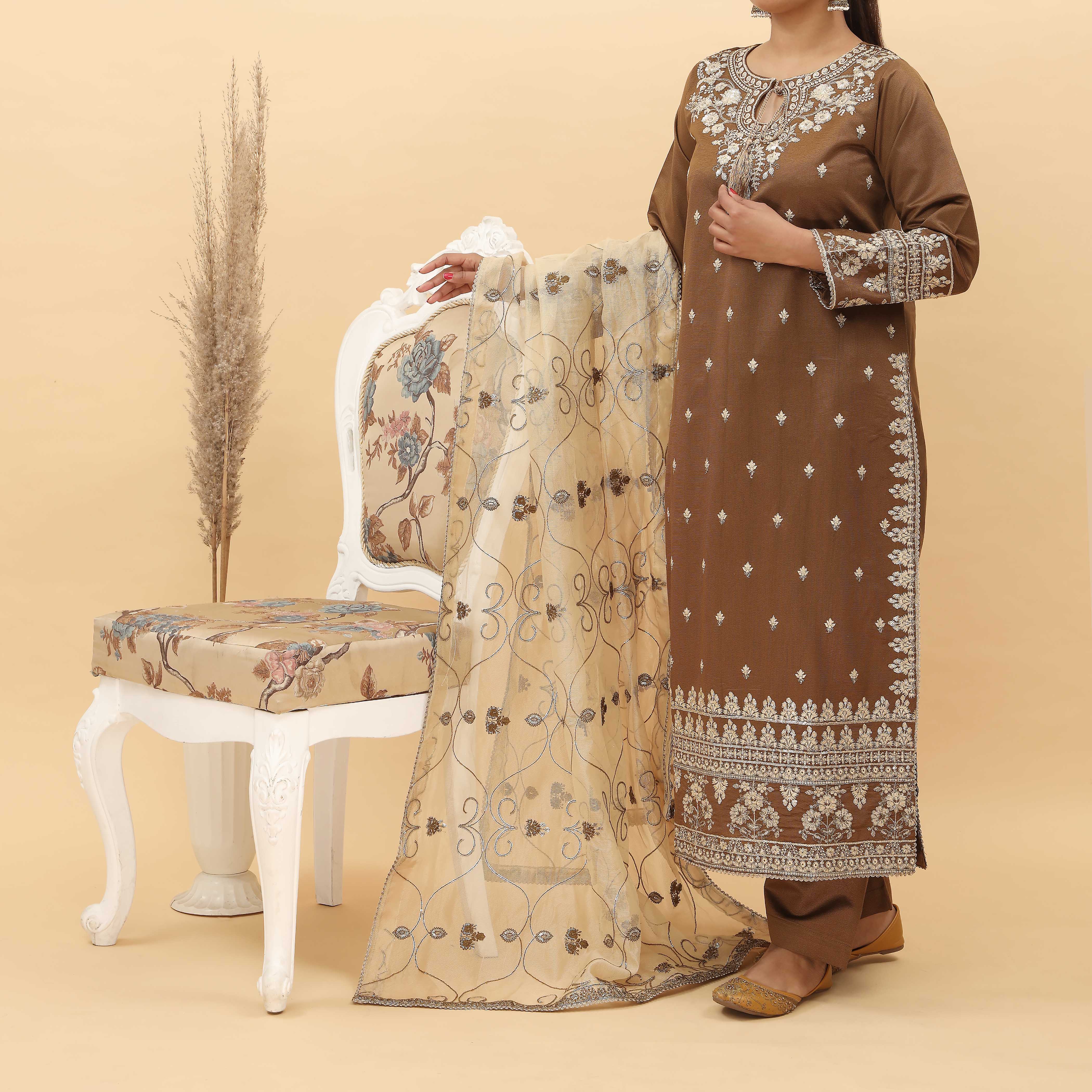 3PC- Embroidered Khadi Net Suit PF5094 - Image 3