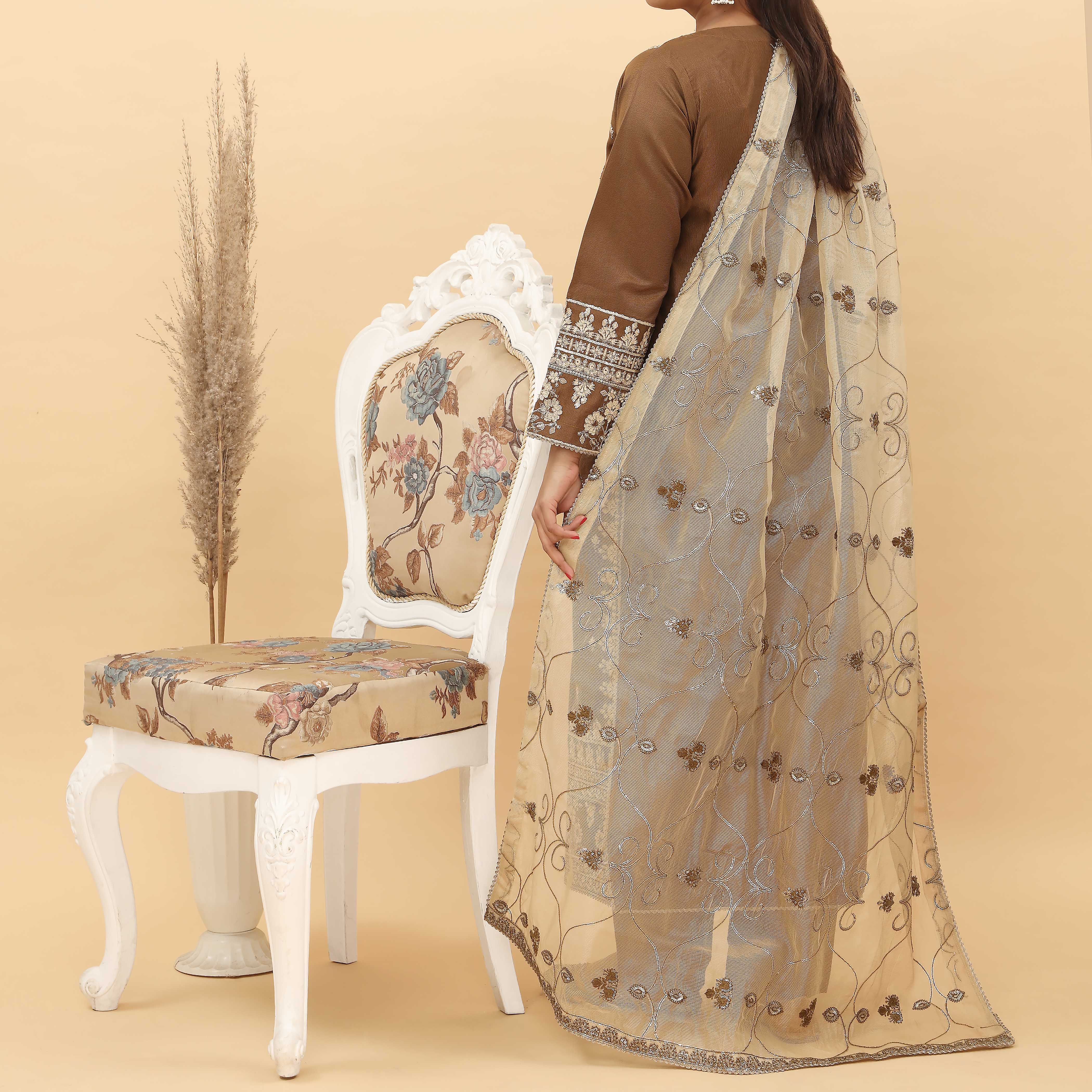 3PC- Embroidered Khadi Net Suit PF5094 - Image 4