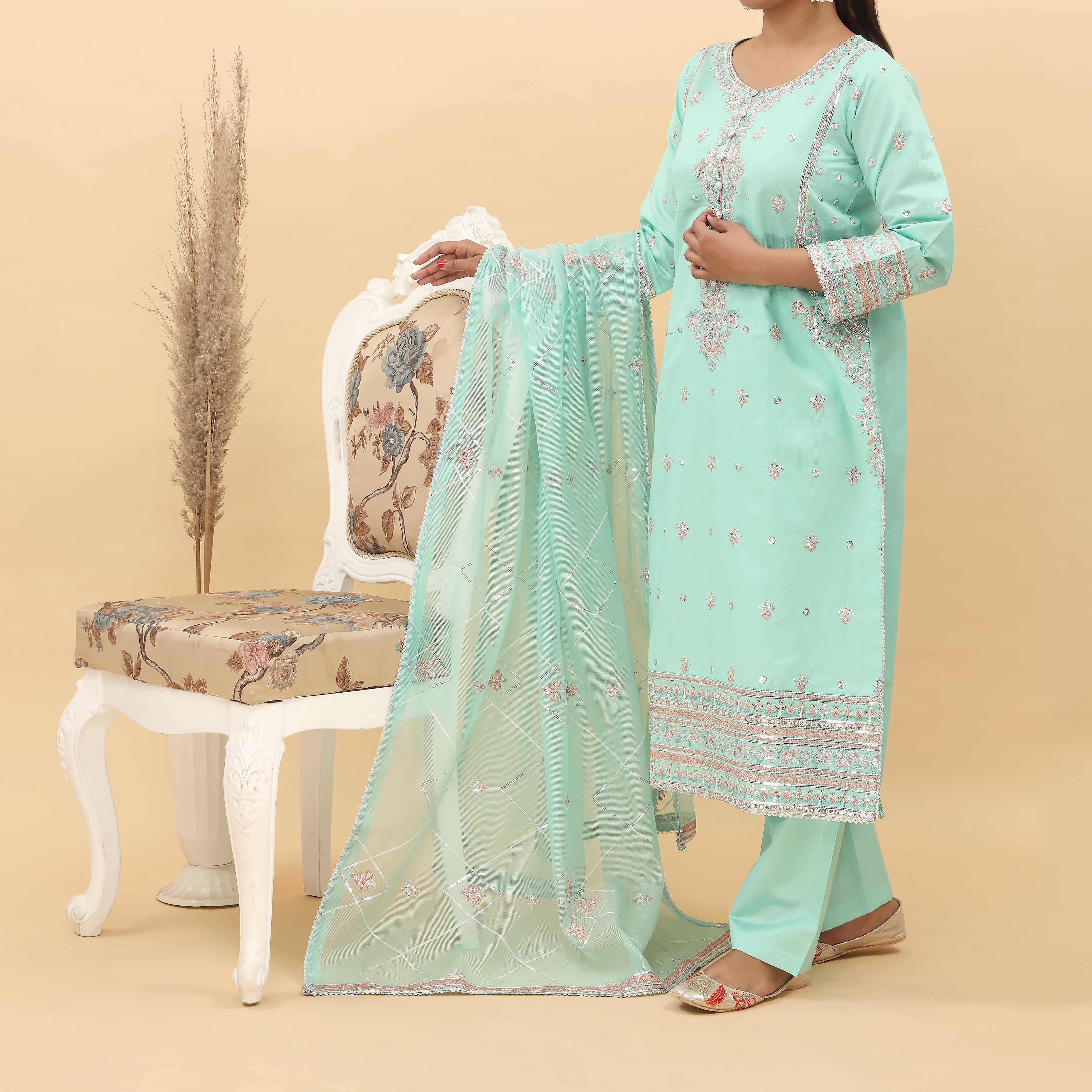 3PC- Embroidered Khadi Net Suit PF5114 - Image 2
