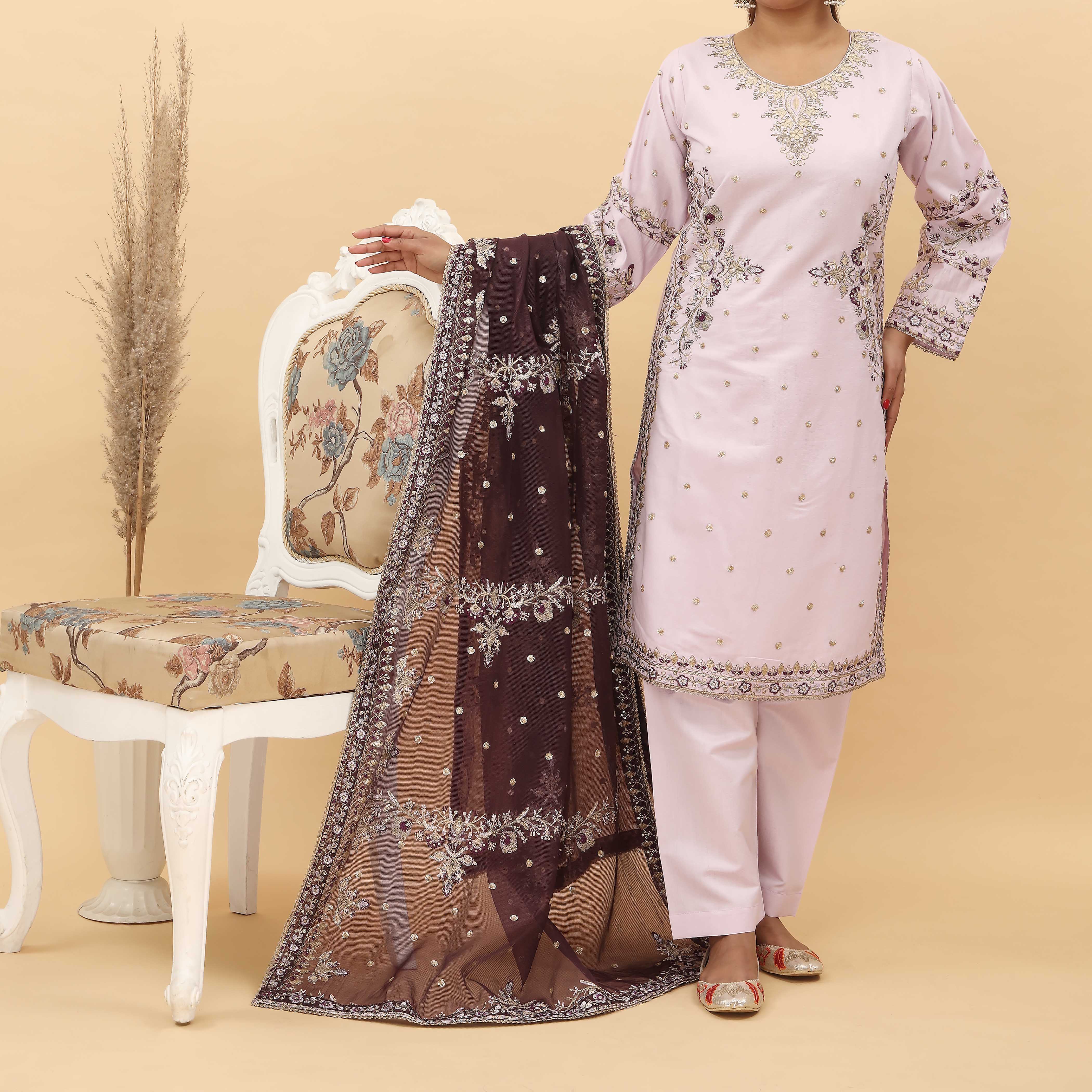 3PC- Embroidered Khadi Net Suit PF5124 - Image 2